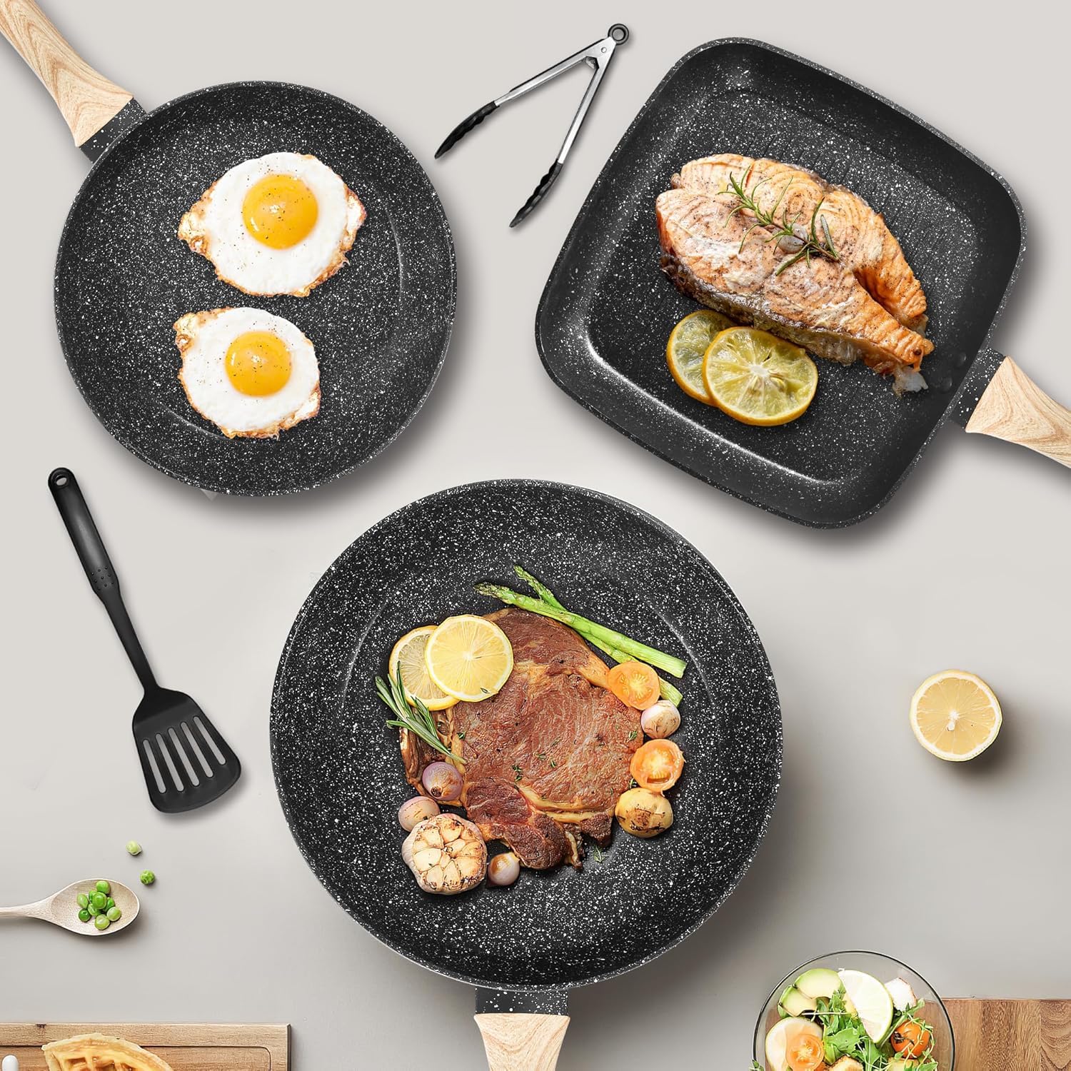 Batterie de Cuisine à Induction, 19 Pièces Casseroles et Poêles Antiadhésive en Granit Noir, Poêles 24/28cm, Casseroles 18/20cm, Poêle Griller 28cm, Tous Feux dont Induction, sans PFOA, PTFE