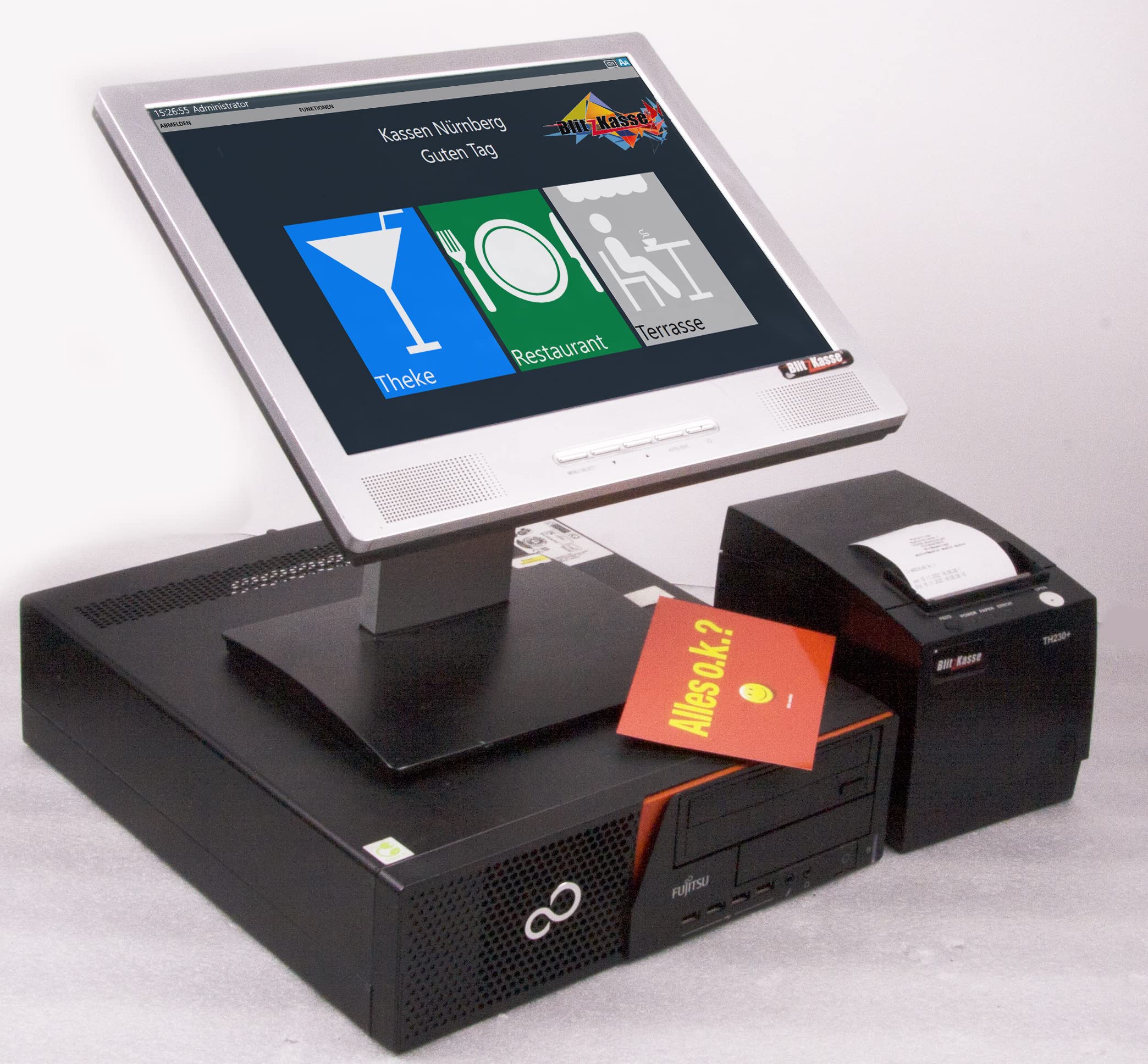 15" Gastronomie Kassensystem für Restaurant & Imbiss – Touchscreen Kasse mit Bondrucker, Tischverwaltung & BlitzKasse Restaurant Software, TSE-konform, ohne Abo, für Café & Pizzeria