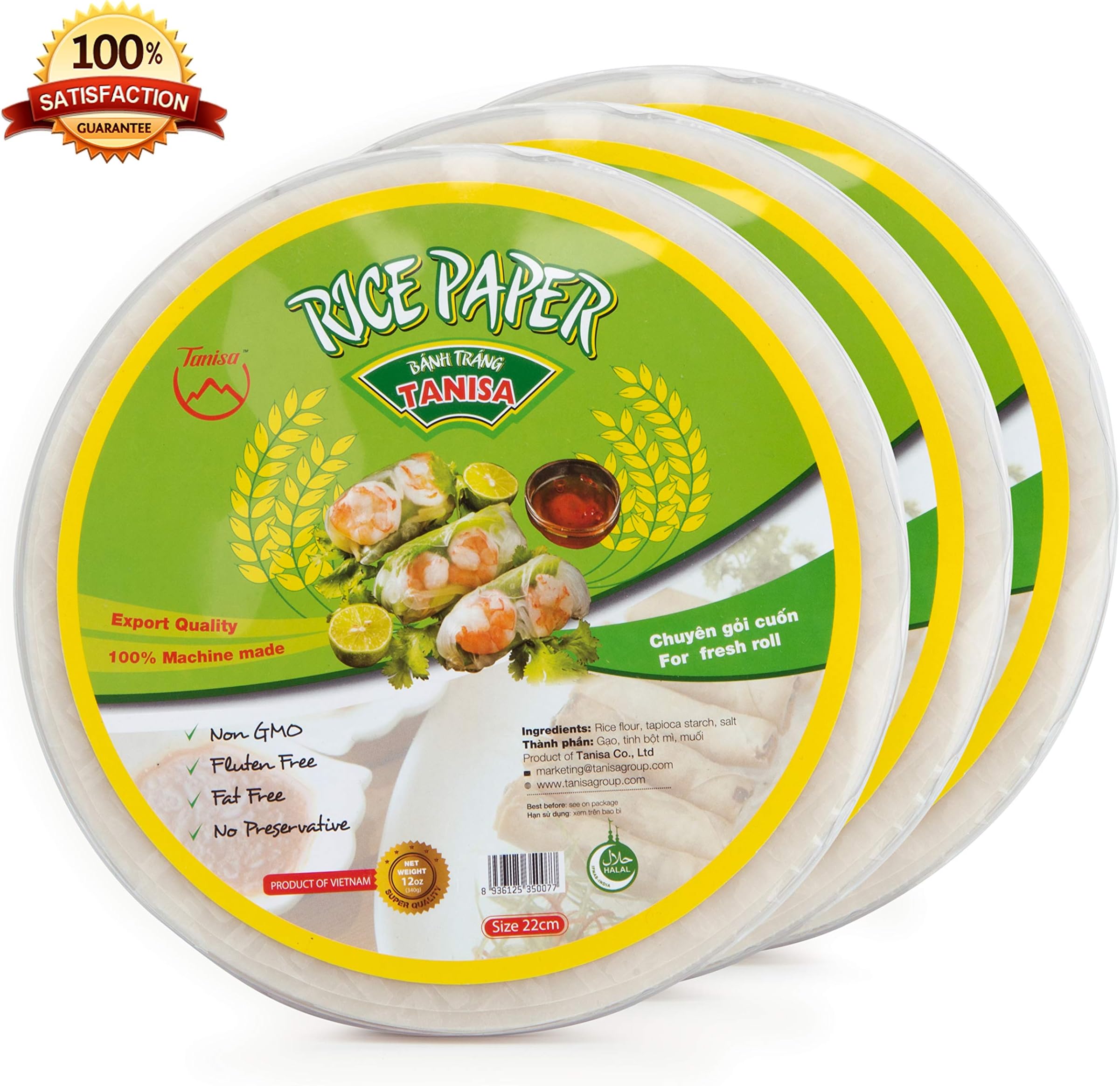 3 packs Tanisa Spring Roll Rice Paper Wrapper for Fresh roll (Round, 22cm, 12 Oz/pack)
