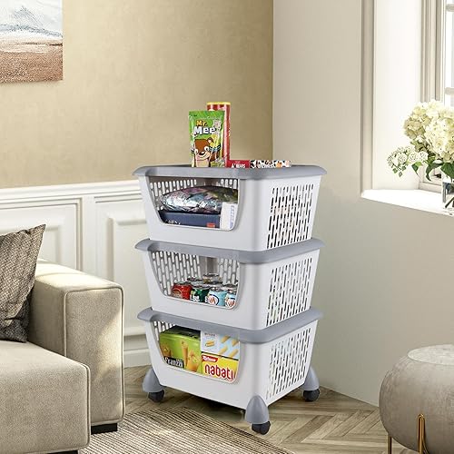 Miniatura 4 de Cestas de almacenamiento apilables de plástico de 3 niveles con ruedas, cesta apilable rodante, gris