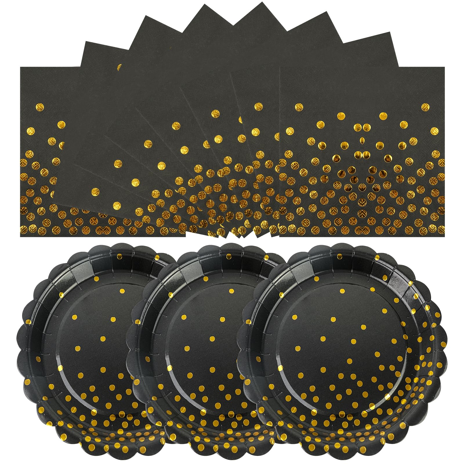 50PCS Black and Gold Paper Plates and Napkins, 7Inch Black and Gold Dot Party Supplies Disposable Party Plates Tableware Set for Birthdays, Graduations, Fathers Day Retirement and Weddings Decorations