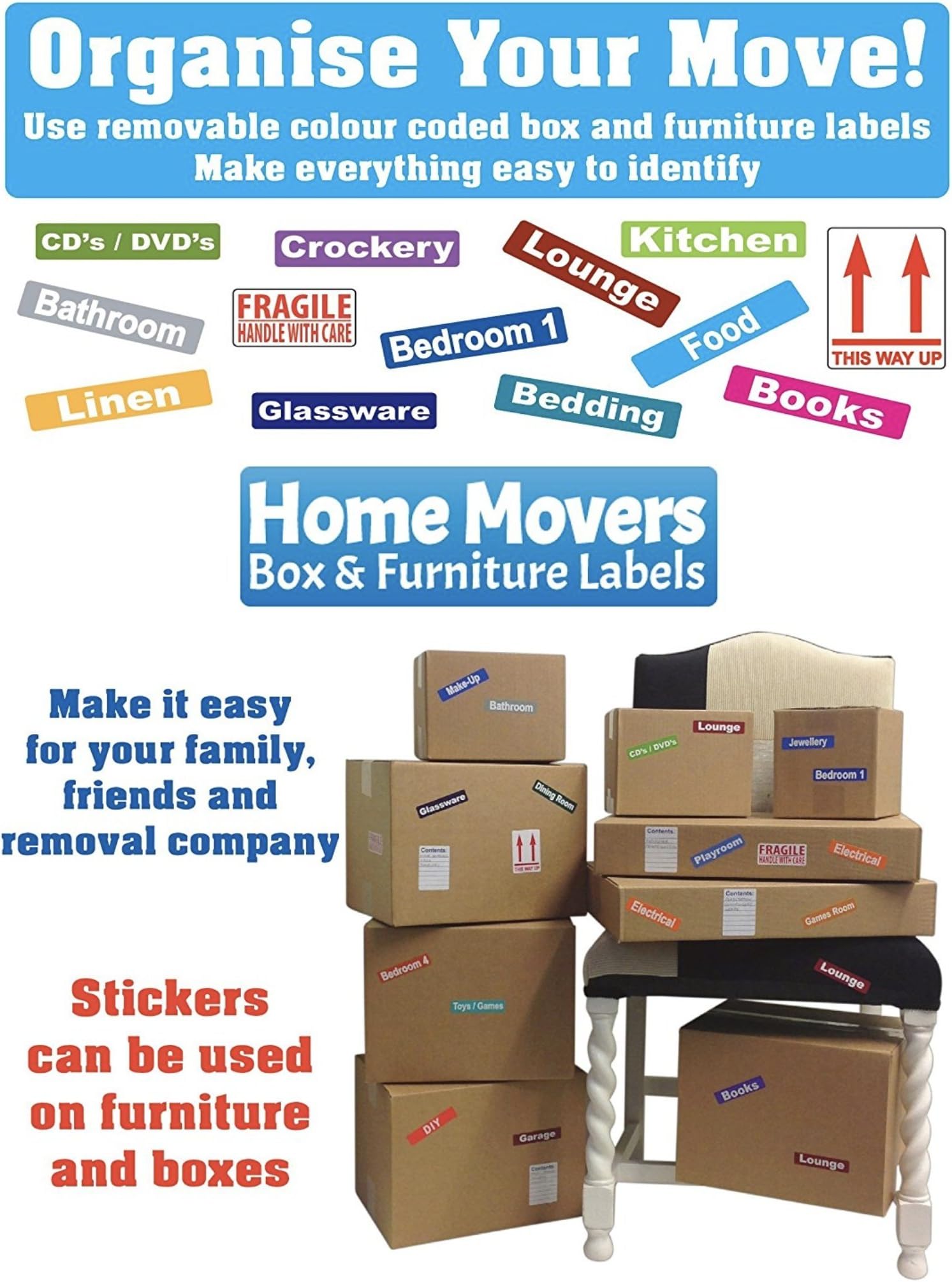 Removable Stickers - 297 Stickers to Help Organise Moving Home (Recommended for A 3 Bedroom House Or Smaller) - Colour Code ID Stickers/Labels for Cardboard Boxes & Furniture
