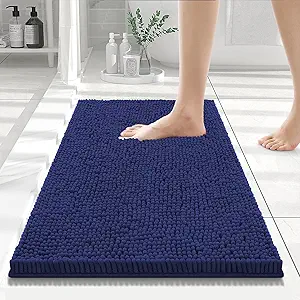 Smiry Luxury Chenille Bathroom Rugs 24x16, Extra Soft and Absorbent Shaggy Bath Mat, Machine Washable, Non-Slip Plush Carpet Runner for Tub, Shower, and Floor, Home Decor Accessories, Deep Blue