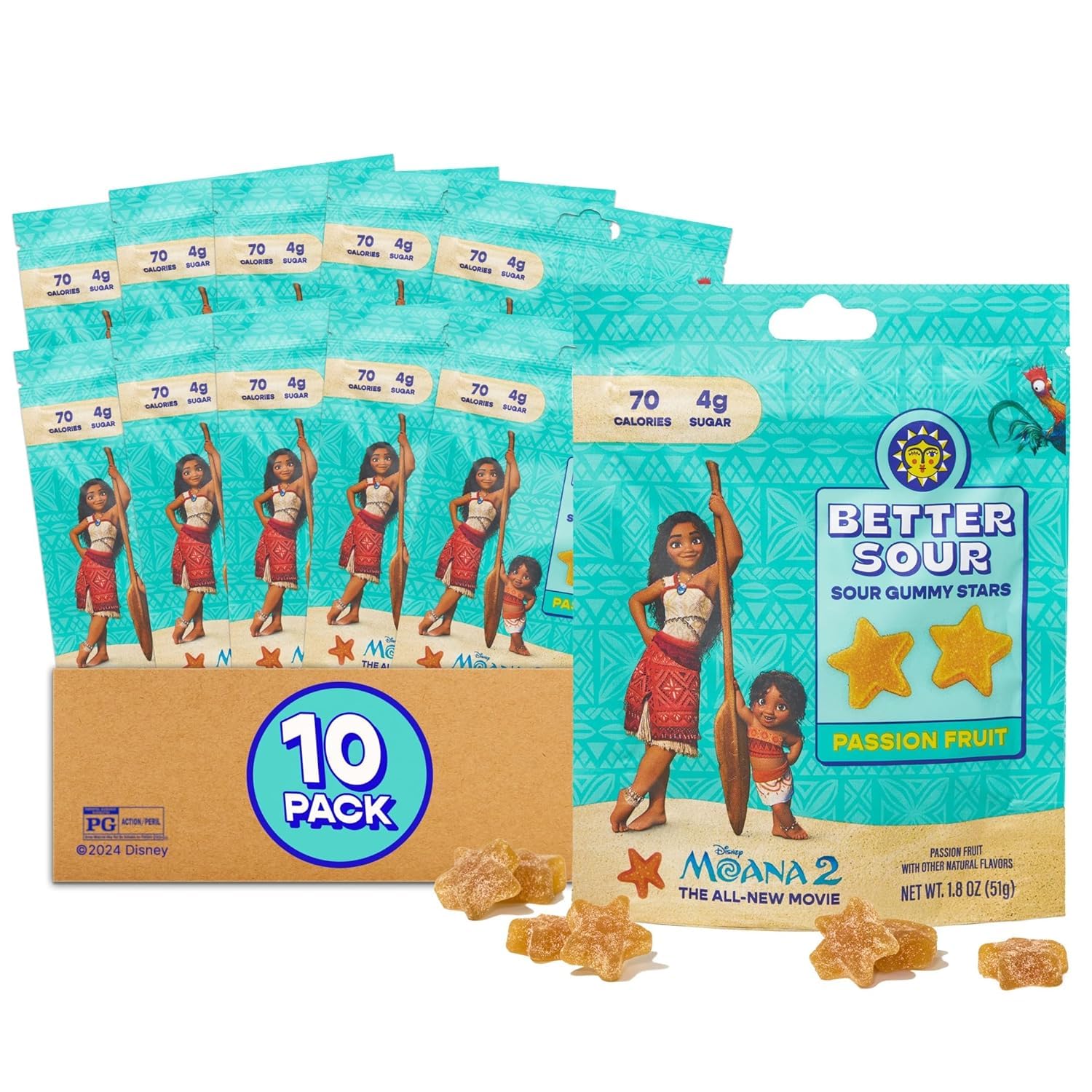 Better Sour Disney’s Moana 2 Passion Fruit Gummy Stars Candy Naturally Flavored Plant-Based Low 4g/70 cal per 1.8oz Sugar Healthy Sour Gummy CandyBag Healthy Treats for Teens & Adults (Pack of 10)