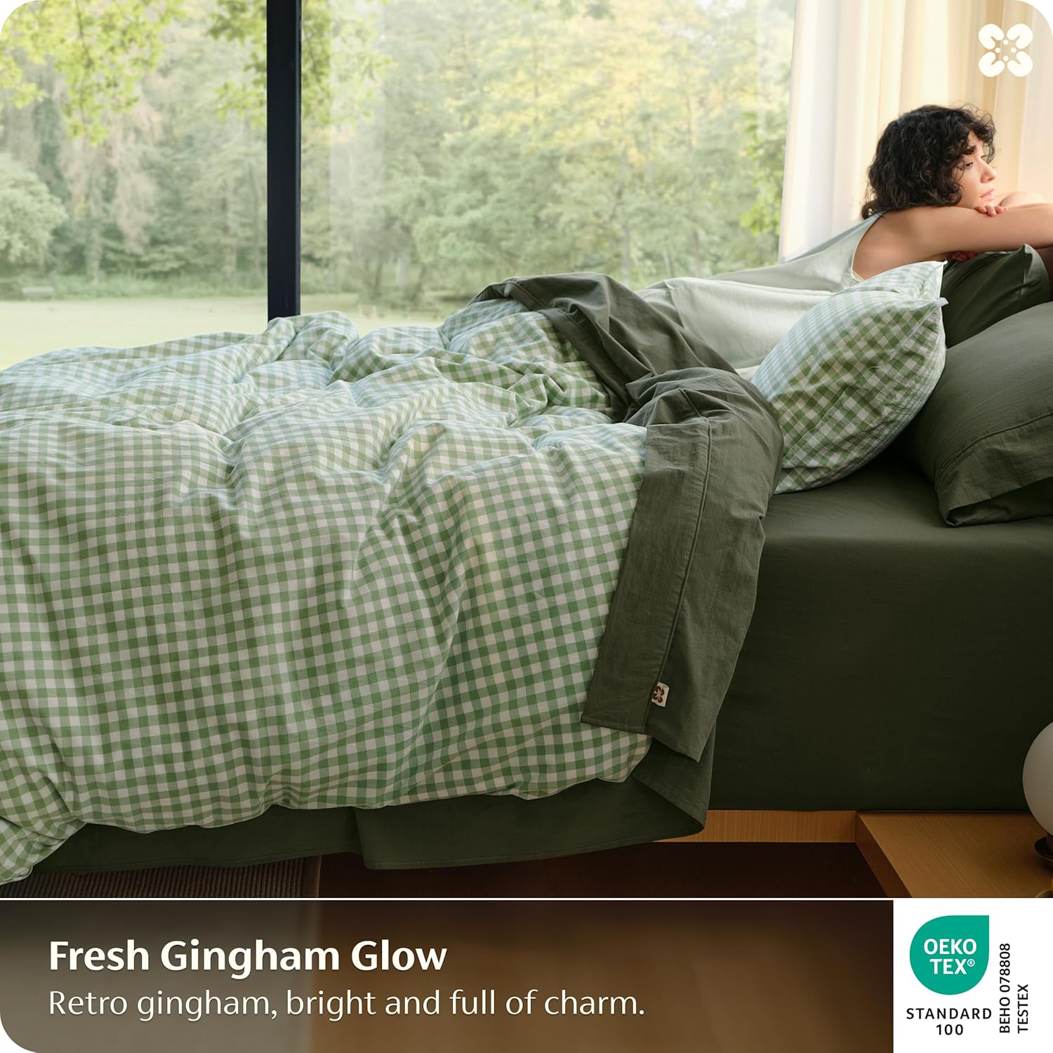 Bedsure Gingham Duvet Cover Queen, 100% Washed Cotton Duvet Cover Linen‑Like, PureWoven with Reversible Yarn‑Dyed Design & Double‑Stitch Craft, 3-Piece with Zipper, Gingham Willow Green, 90"x90"
