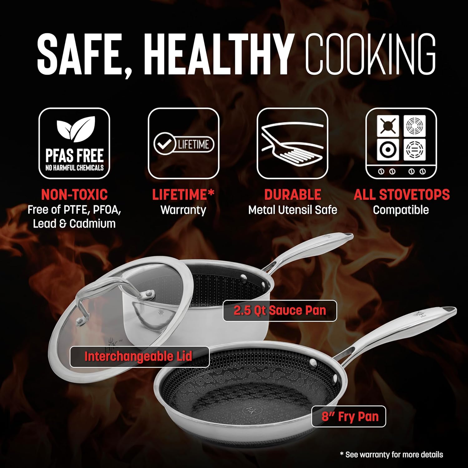 Hell's Kitchen Hybrid 5 Pc Cookware Set, Tri-Clad Stainless Steel and Nonstick Ceramic, PFAS Free, no PFOA, no PTFE, no Teflon, Non Toxic Cookware, Metal Utensil Safe, All Cooktops and Oven Safe