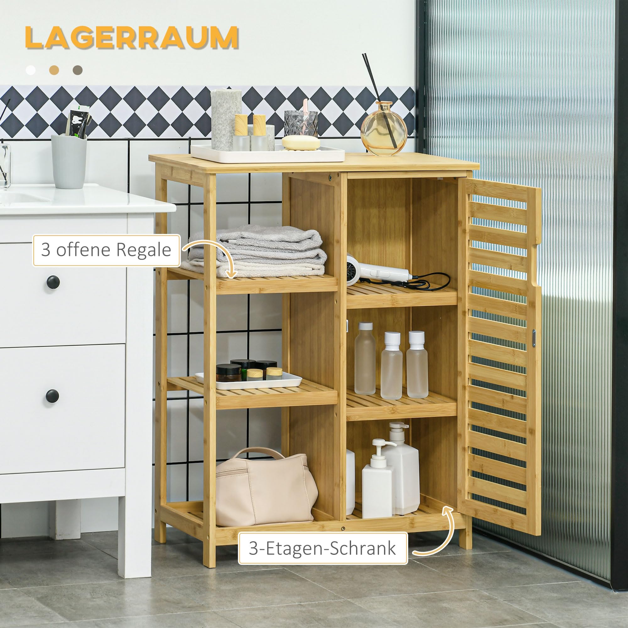 Badkamer Kast Badkamer Kast Met Kast Compartiment, 3 Open Niveaus Toiletkast Met Kantelbeveiliging Zijkant Voor Badkamer Bamboe Natuur