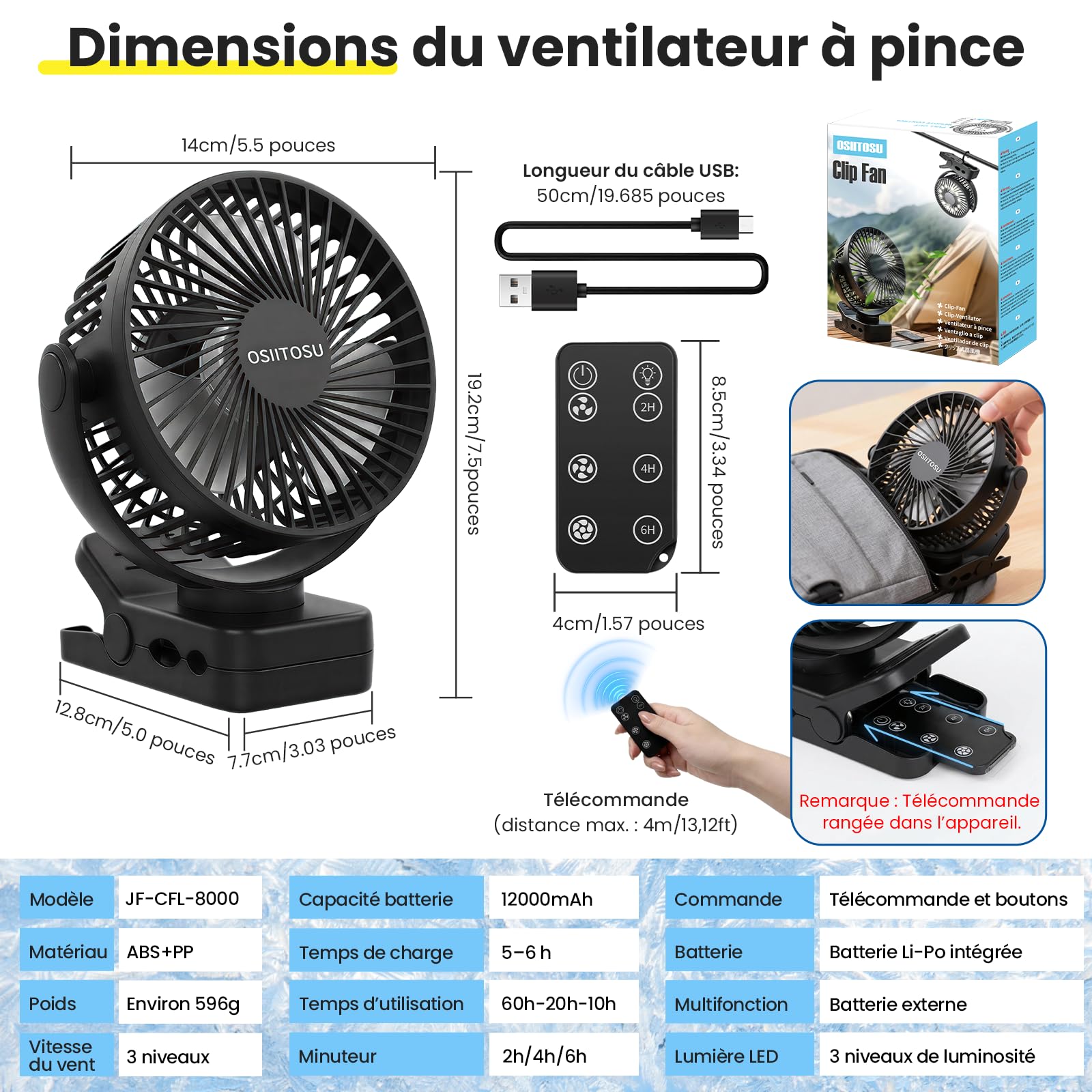 12000mAh Mini Ventilateur à Pince, 6'' Ventilateur Rechargeable USB Ventilateur Portable Silencieux Rotation 360° Petit Ventilateur de Bureau LED, 3 Vitesses, Télécommande pour Camping Bureau