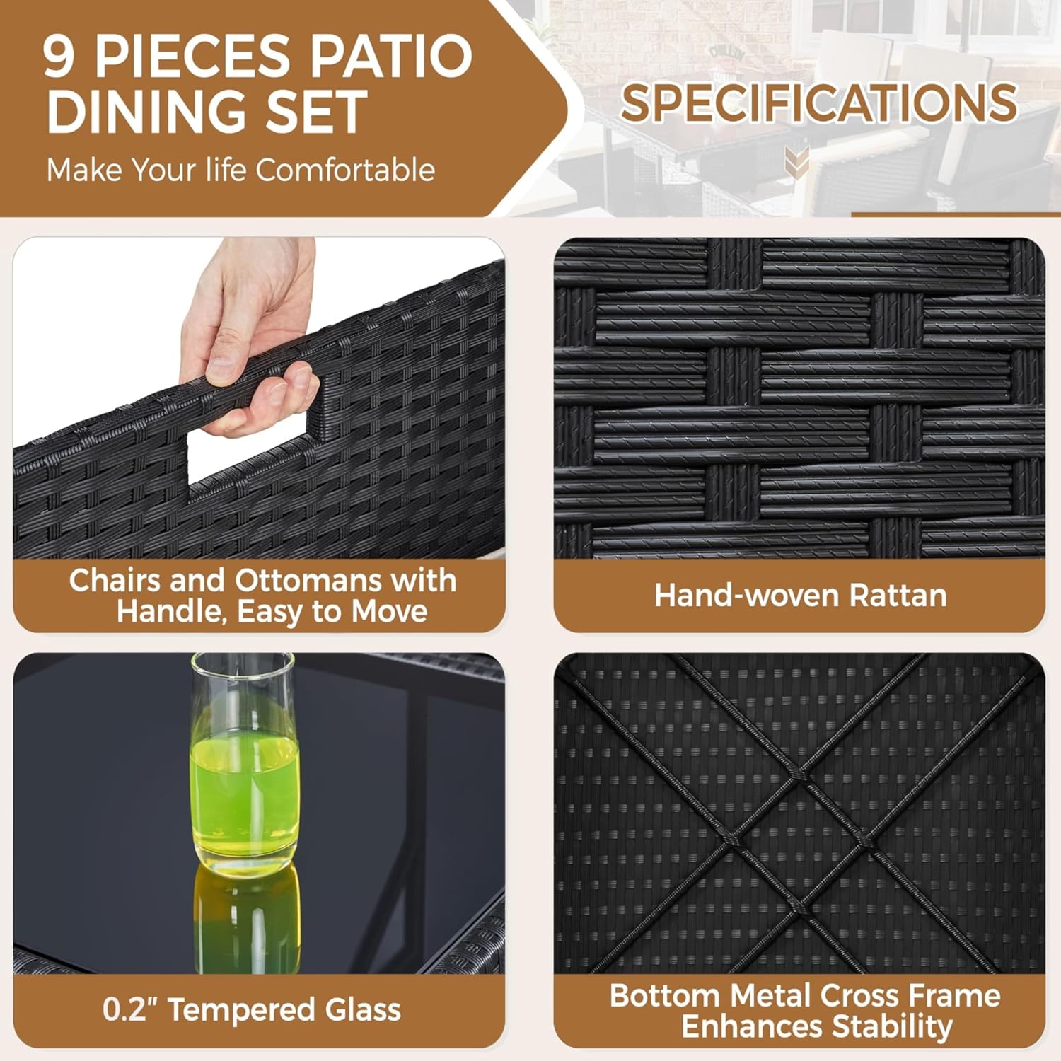 9-Piece Patio Dining Sets Outdoor Space Rattan Chairs with Glass Table Wicker Sectional Conversation Furniture Set with Removeable Cushions for Backyard Porch