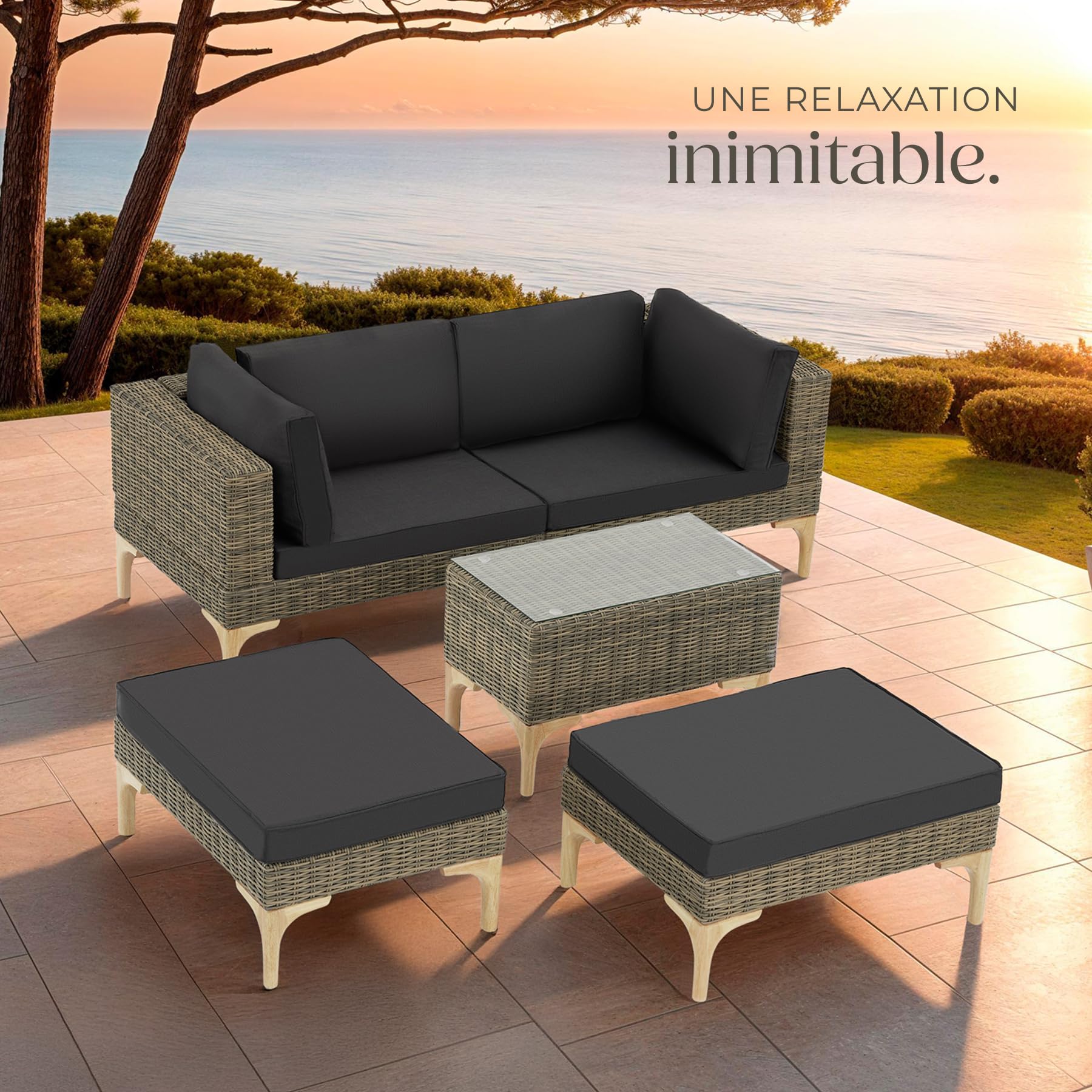 tectake® Ensemble Salon de Jardin Exterieur en Poly Rotin et Aluminium Modulable Bain de Soleil 4 Places 1 Canapé 2 Tabouret Pouf et 1 Table de Jardin, Mobilier de Jardin, Amenagement Balcon Terrasse
