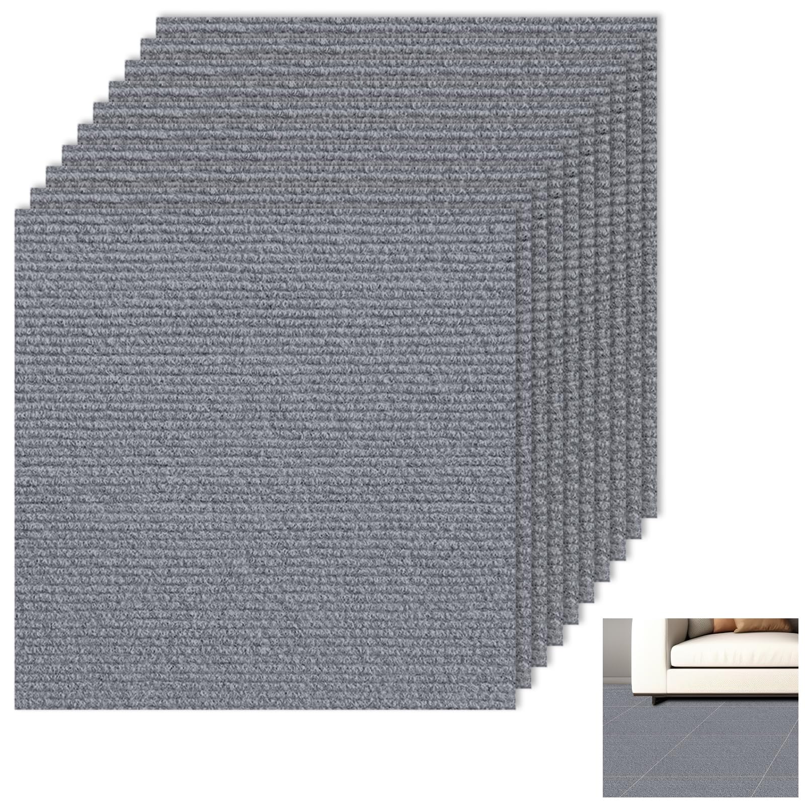 Lot de 10 Dalles Moquette Autocollantes 40 x 40cm, 1,6m² À Découper Moquette Pour Bureaux, Hôtel, Appartement, Maison, Gris Clair