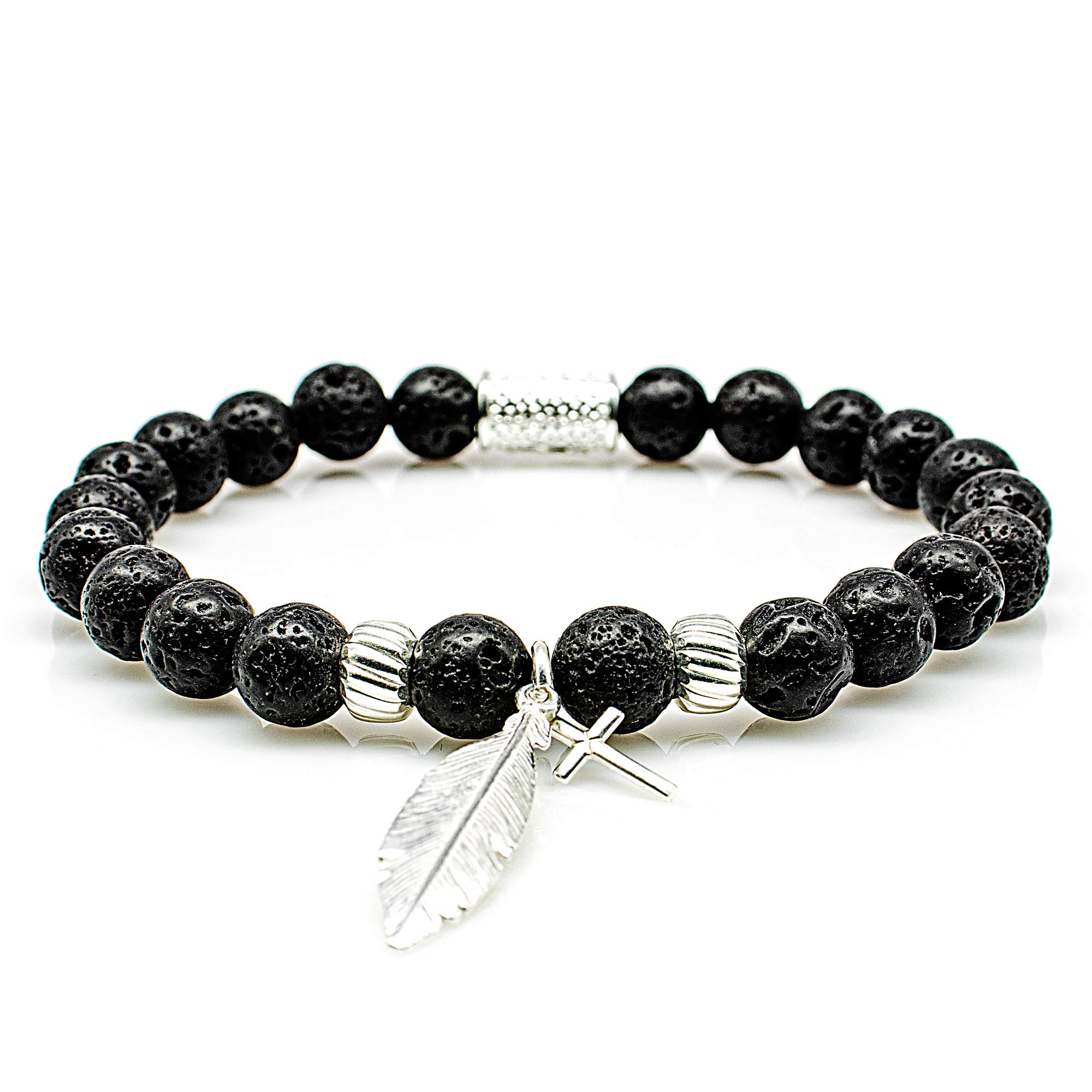 Bracciale in argento sterling lava 925 Bracciale con perline Ciondolo nero Croce di piume 8 mm (Piuma e croce)