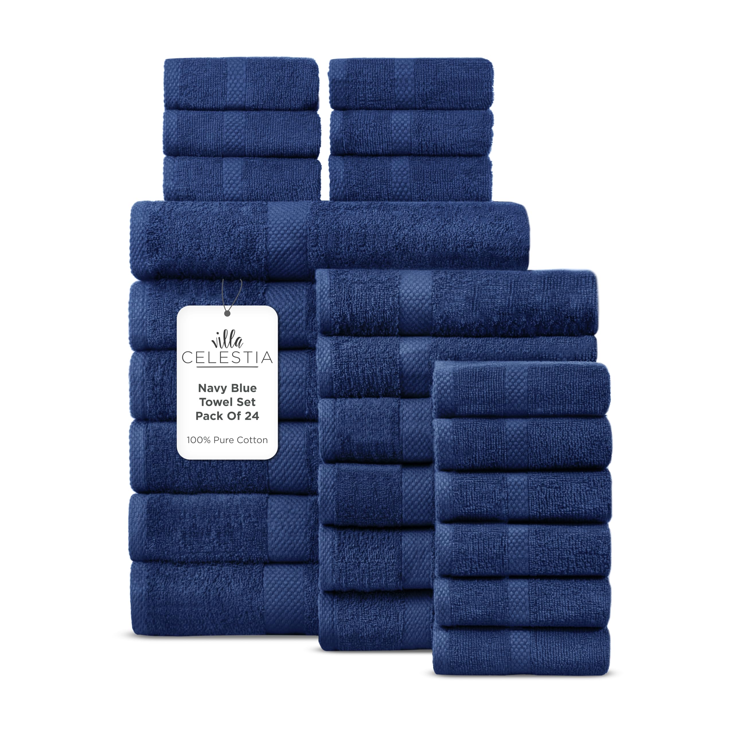 Villa Celestia 24-Piece 100% Cotton Towel Set, 6 Bath Towels, 6 Hand Towels, 12 Wash Cloth, Quick-Dry, Navy Blue
