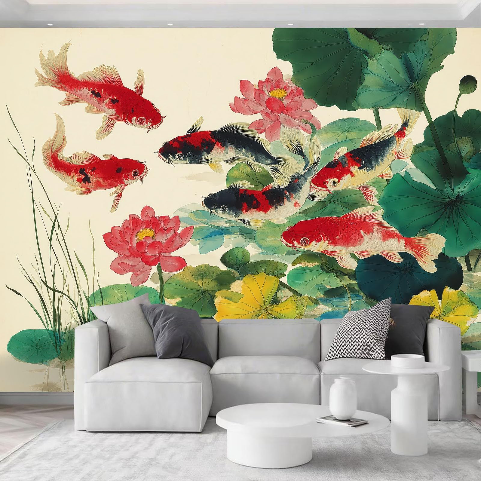 Fototapeta, ryba koi, lotos, lilie wodne, 450 x 315 cm, malowidło ścienne, malowanie farbą, włóknina, plakat, fototapeta, salon, dekoracja ścienna