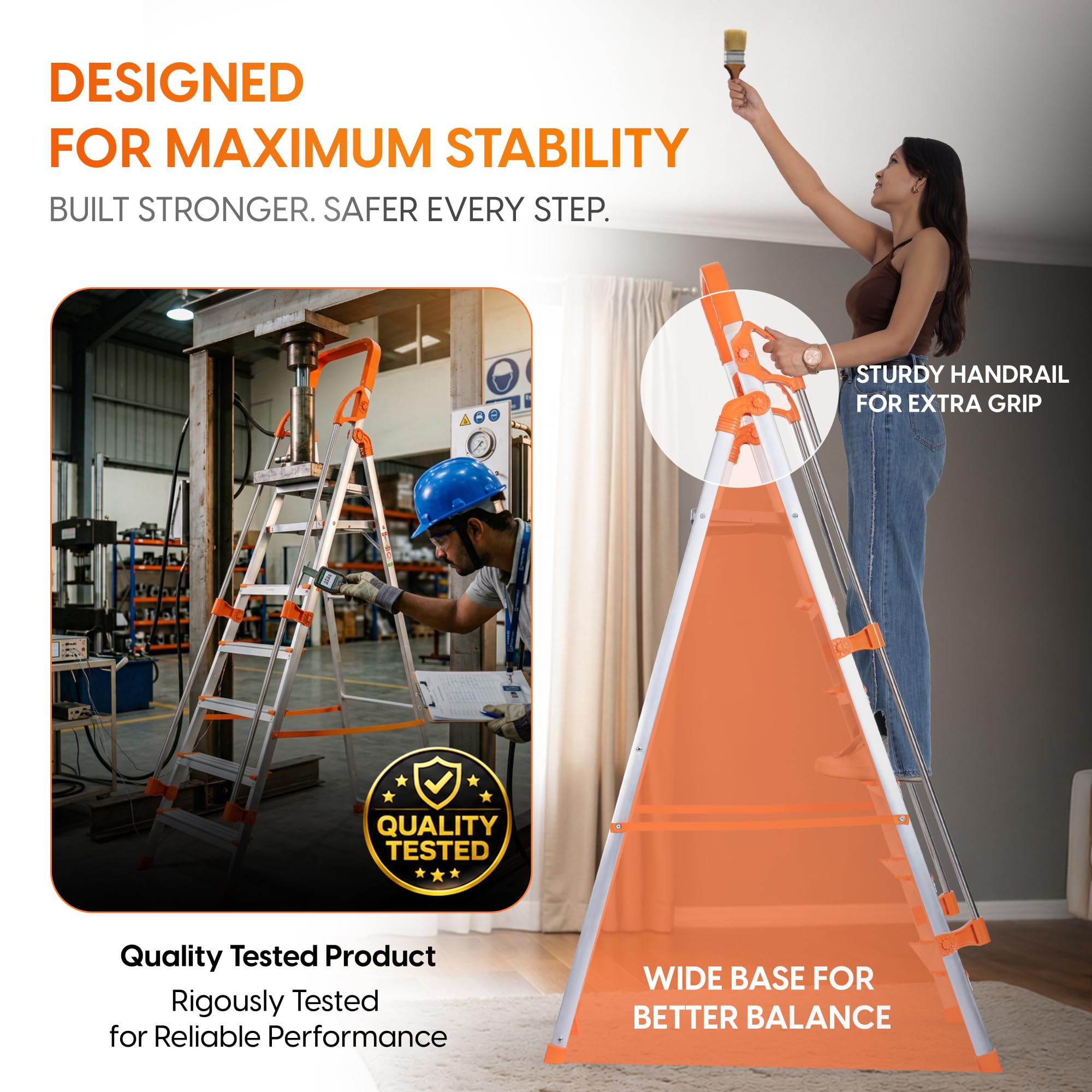 PROHOME Aluminium Ladder for Home 8 Steps Foldable with Railing & Anti-Skid Wide Steps | 8 Step Ladder for Home Use, Kitchen & Household | 270 Kg Capacity Folding Ladder | 5 Year Warranty (Orange) — Amazon image 8
