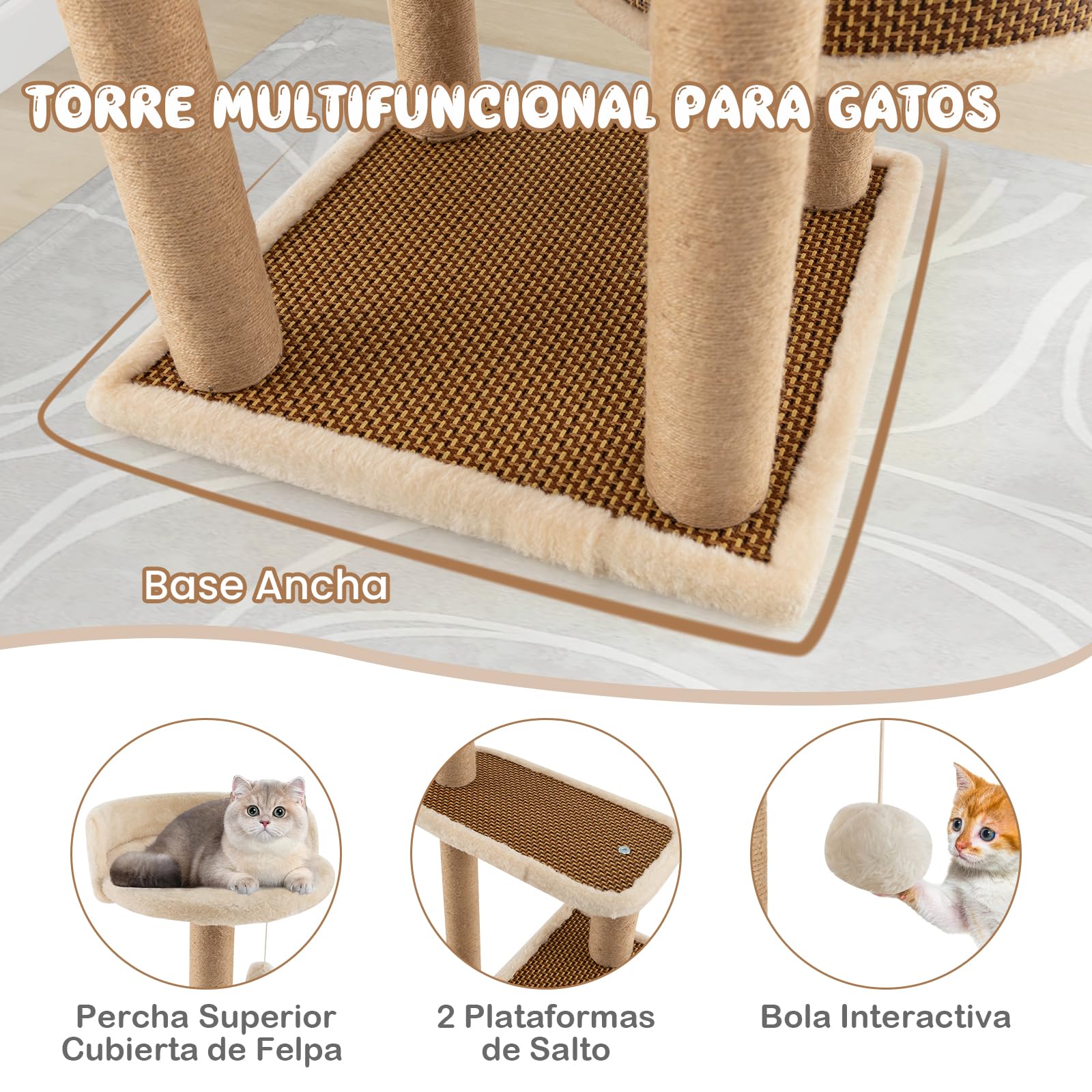 COSTWAY Torre para Gatos de Ratán, Árbol para Gatos de Interior con 3 Juguetes Colgantes, Árbol Rascador, Plataforma, Cama Espaciosa, Centro de Actividades con Tapete de Felpa (40 x 40 x 90 cm)