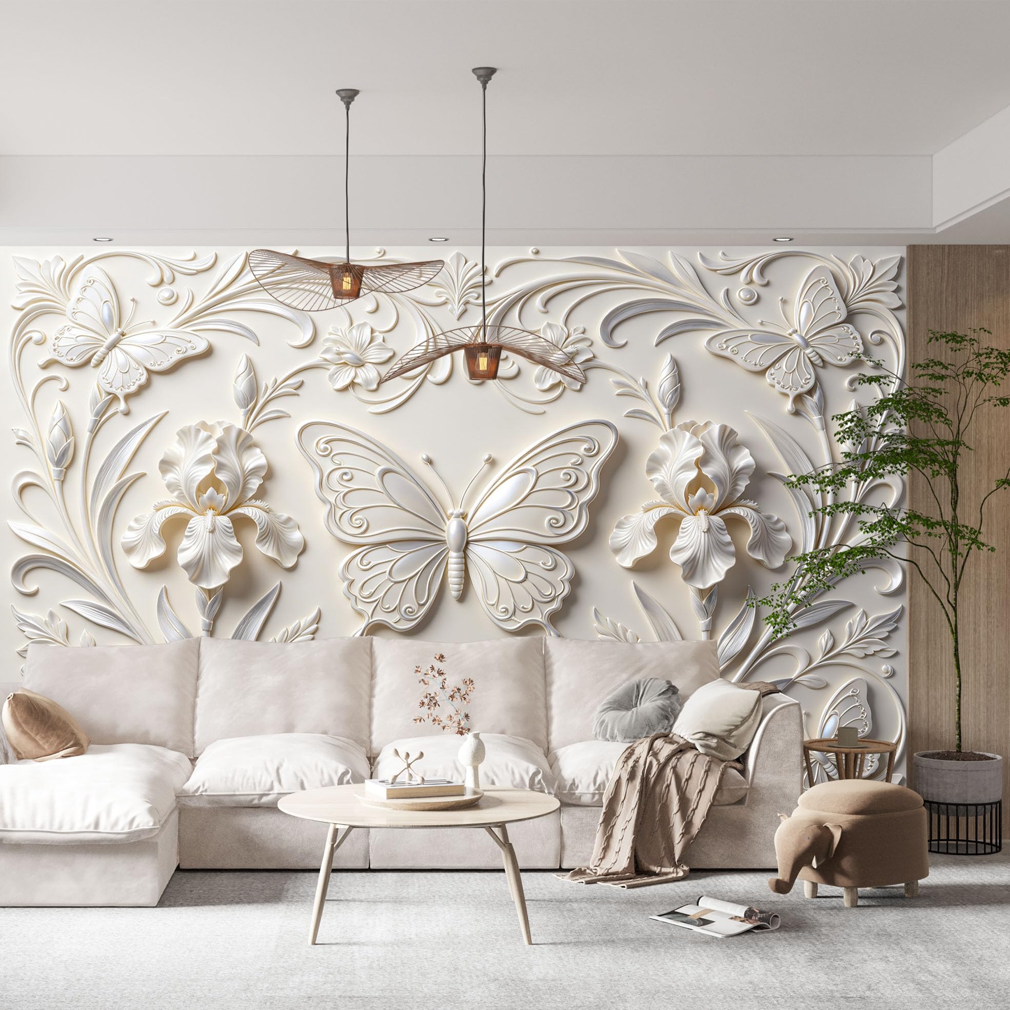 Tłoczony kwiatowy wzór 3D tapeta z włókniny motyl i irys styl barokowy elegancki kremowy kolor kości słoniowej 450 x 315 cm idealna do dekoracji sypialni lub ścian salonu