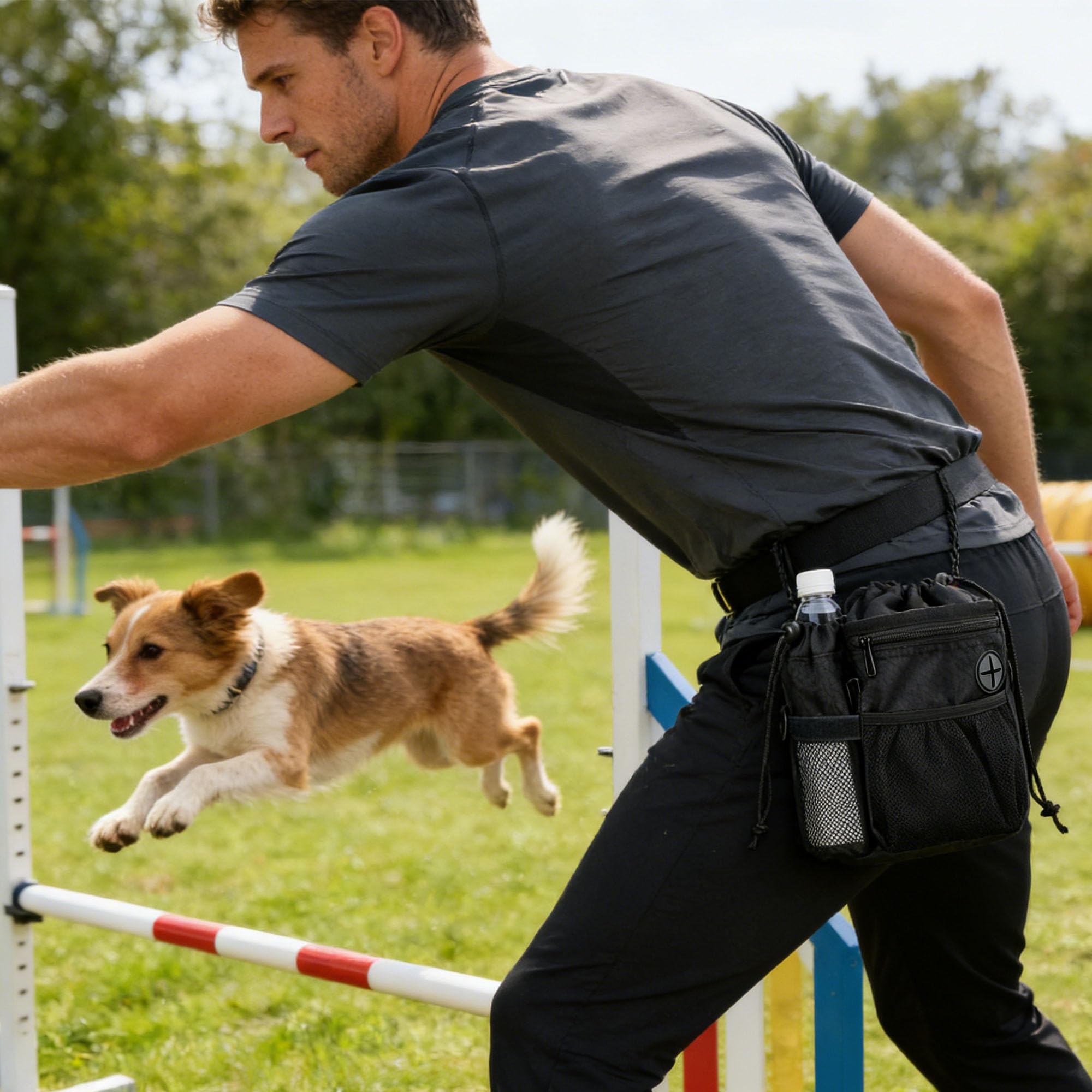 Bolsa Bocadillos para Pasear Perros al Aire Libre, Impermeable Bolsa Agua Extraíble, Bolsa de Golosinas para Perros Portátil, 3 Métodos Uso, 1 Rollo Bolsa Basura y 1 dispensador Bolsa Inodoros