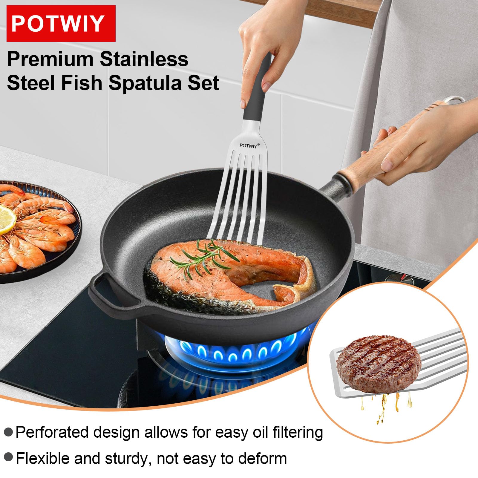 Espátula de pescado de acero inoxidable, volteador de pescado de metal con mango de silicona, espátula ranurada de cocina para cocinar y asar a la parrilla, borde biselado y hoja curvada, 13.5