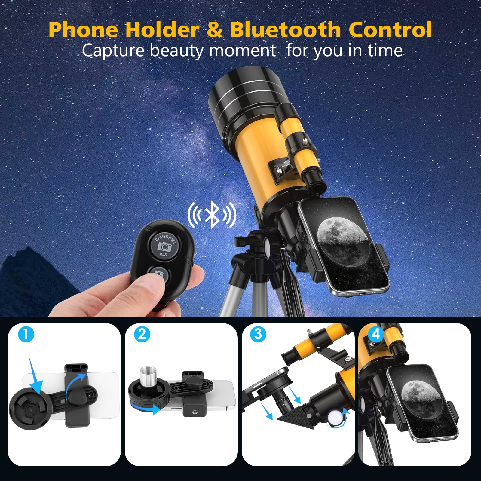 Télescope Astronomique 70/300mm, Lunette HD Astronomique Réfracteur avec Trépied Professionnel et Adaptateur de Téléphone, Télescope pour Enfants Débutants et Amateurs, Observer la Lune 15-150X