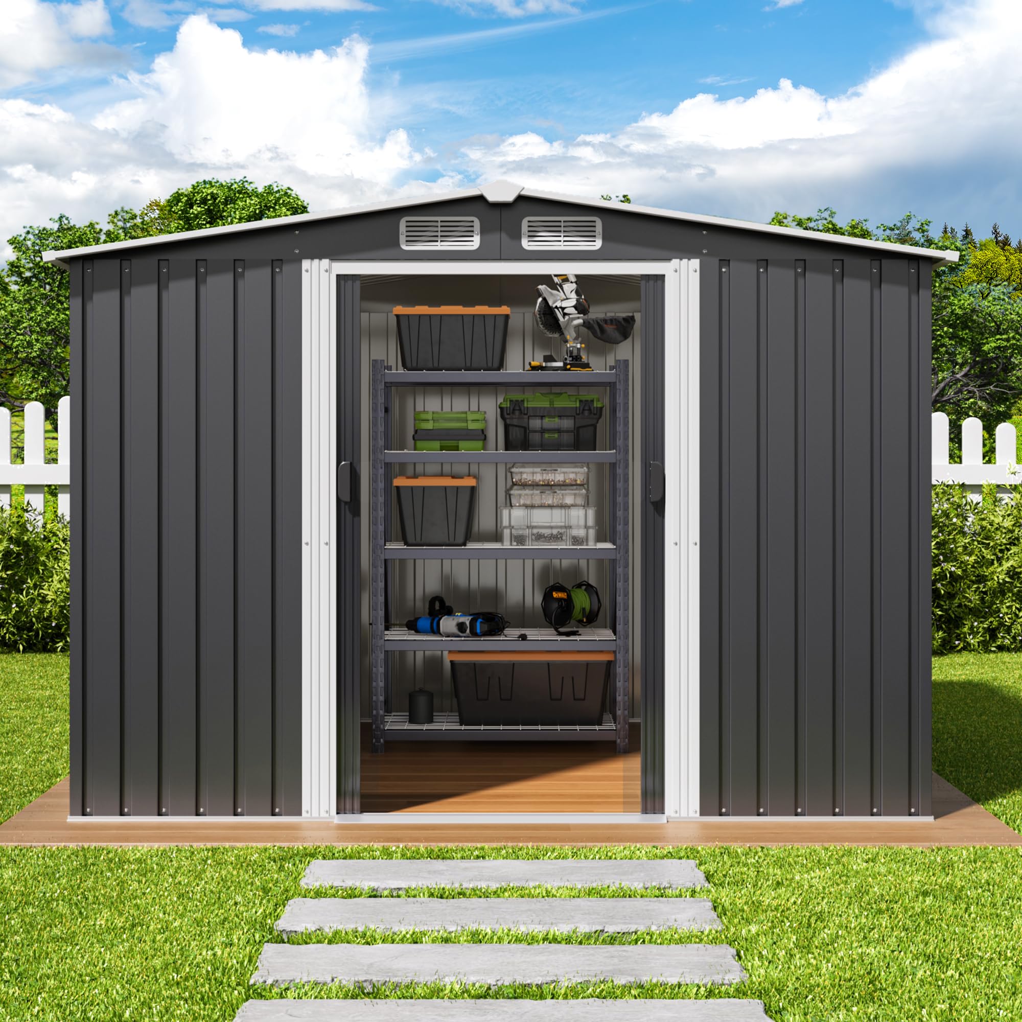 Xbro Capanno per Attrezzi in Metallo 5㎡, Casetta da Giardino da Esterno con Tetto Spiovente e Porta Scorrevole, Serratura, 247x193x179 cm