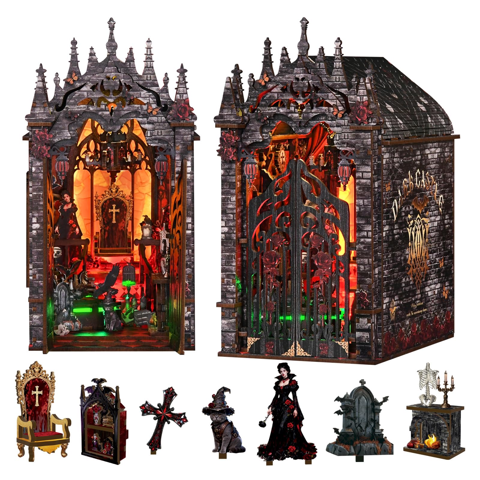Chinoket Book Nook Kit of Dark Gothic Style-Dark Castle,Horror Decor Bookend Craft Kit for Adults and Teens,DIY Haunted Miniature House 3D Wooden Puzzle with LED Lights,Home Decor&Halloween Gifts