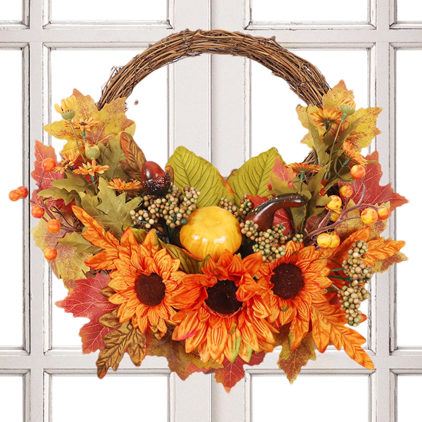 Couronnes d'automne pour porte d'entrée anti-flétrissement avec citrouilles et baies d'érable