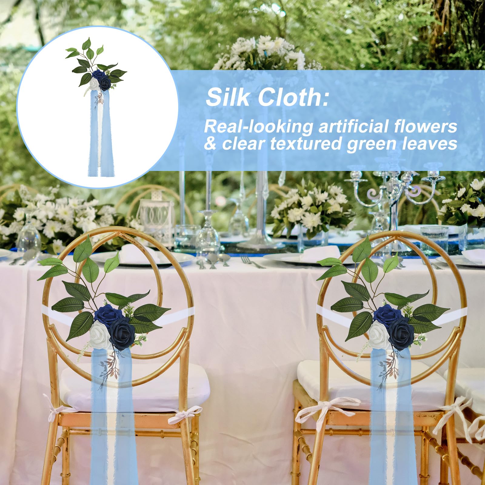 PATIKIL Hochzeit Schiff Dekorationen Topfblumen für Hochzeit Zeremonie Stuhl Set von 10 Stuhl Blumig Dekoration mit Kunstblumen Eukalyptus und Bänder für Kirchenstuhl Party Blau