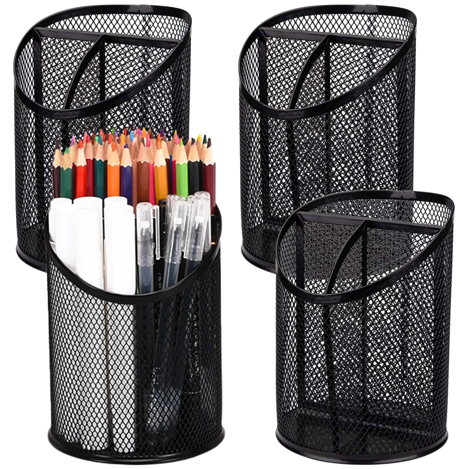 Nicunom 4 Pack Round Steel Mesh Pen Holder, Metal Pencil Desk Holder Organizer with devided 3 Compartments for Desk Office Pen Organizer, Black