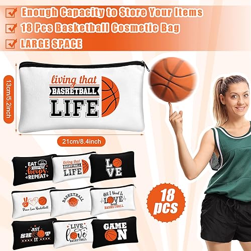 Miniatura 9 de Moukeren 18 piezas de regalos de baloncesto para niñas, bolsa de maquillaje de baloncesto, accesorios divertidos, bolsas de baloncesto de viaje para