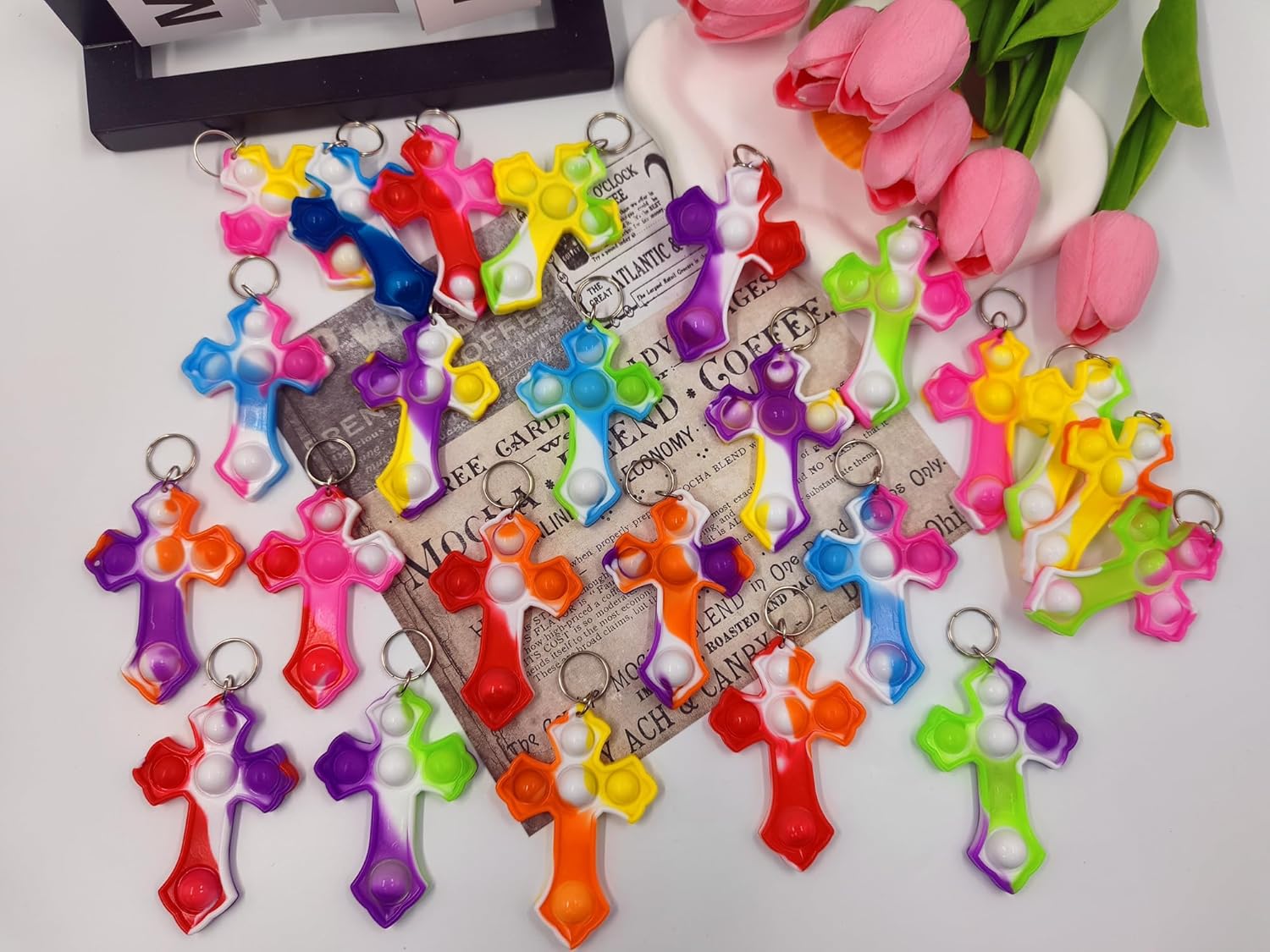 24 Packs Bulk Fidget Bubble Bulk Mini Pop Cross Keychain , holiday for kids toys Halloween Party Favors Christian Gathering Party Supplies Classroom summer Student gifts