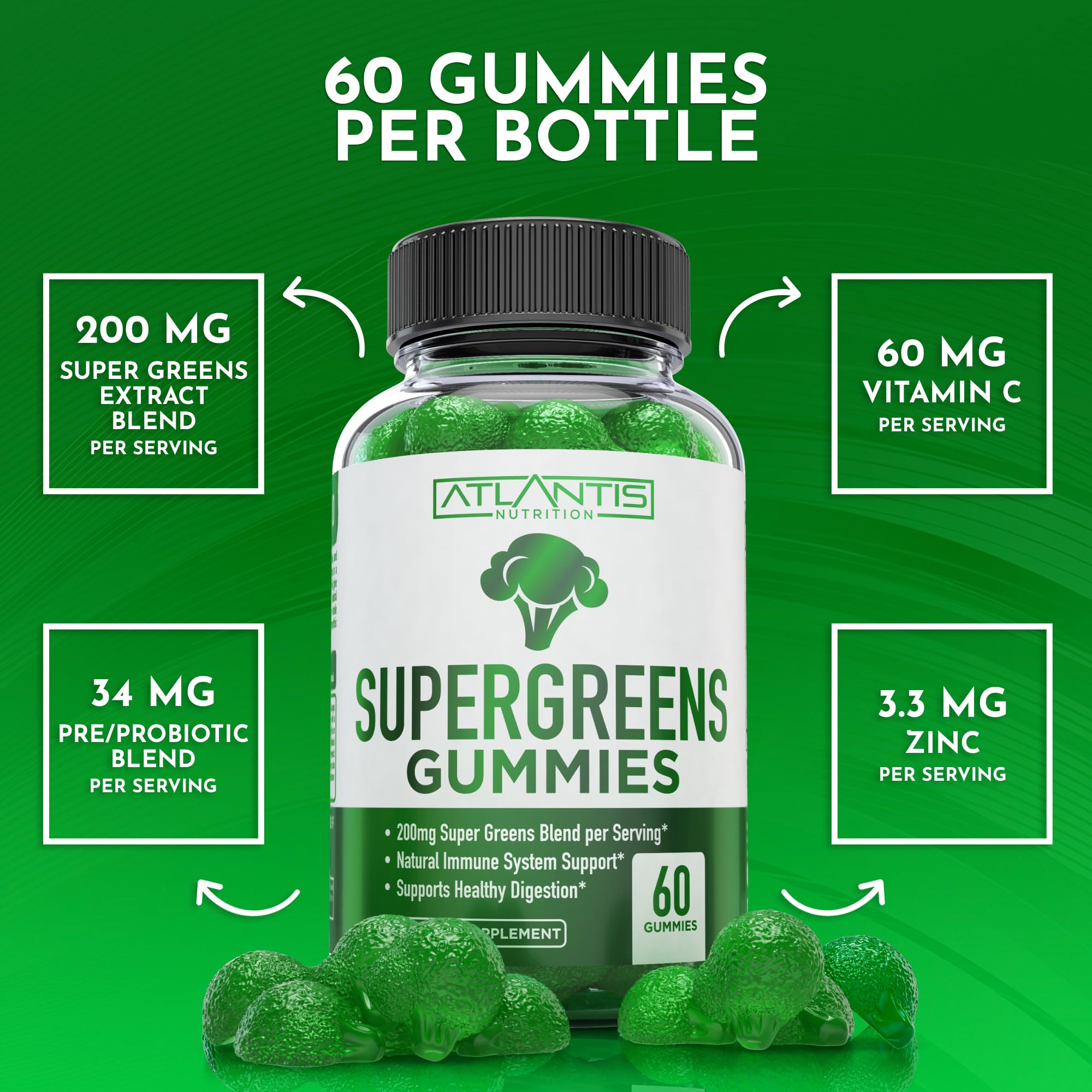 Atlantis Nutrition Supergreens Gummies - Daily Green Superfoods Supplement with Spinach, Broccoli, Moringa, Beet Root, Celery, Green Tea, & Acai for Immunity Support - Natural Raspberry Flavor, 60 cnt — Amazon image 8