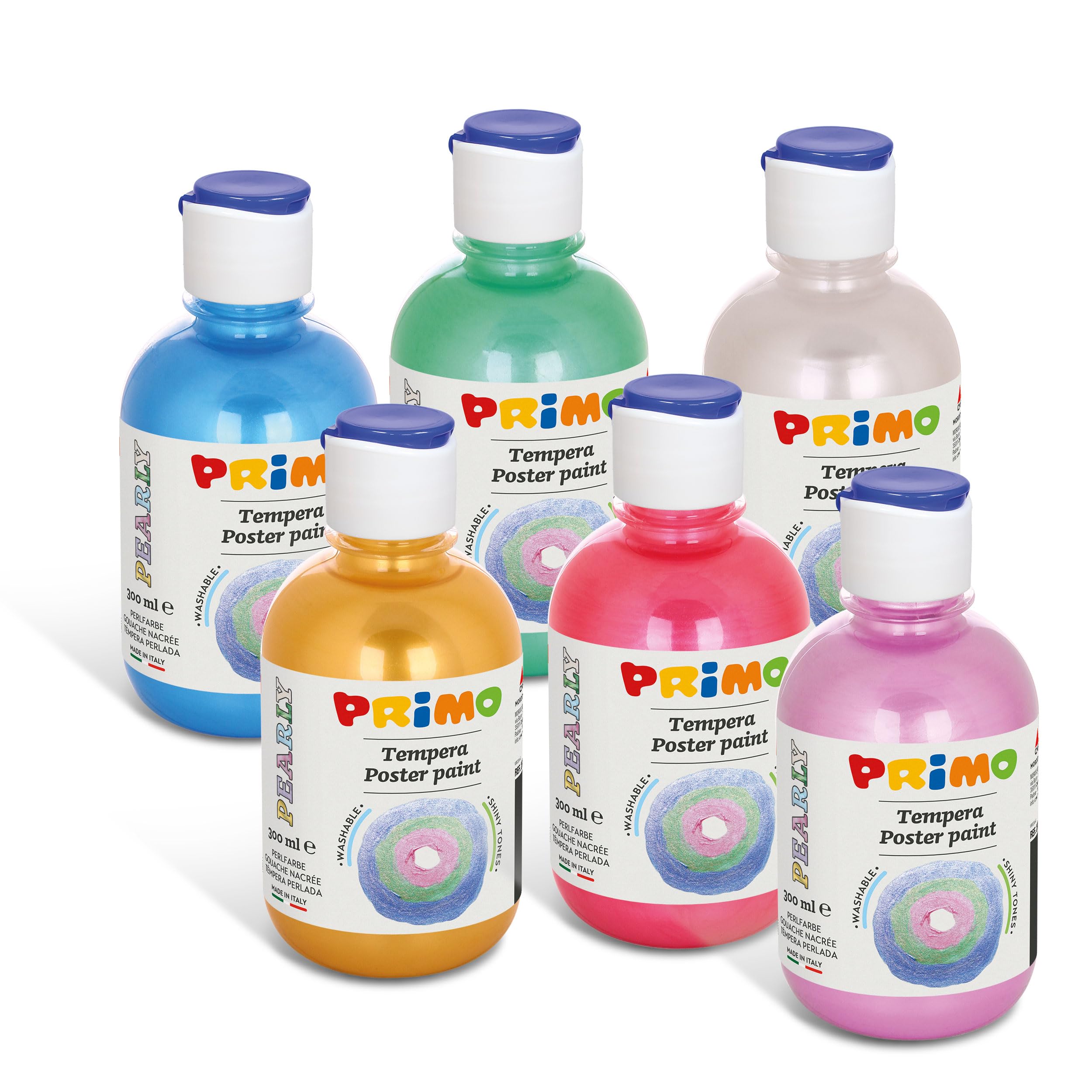PRIMO - Tempere Lavabili per Bambini +3 Anni e Adulti, Colori per Bambini da 300 ml con Dosatore, Colori a Tempera per Dipingere Carta, Stoffa e Vetro, Pittura, Cartoleria, Lavoretti Creativi e Hobby