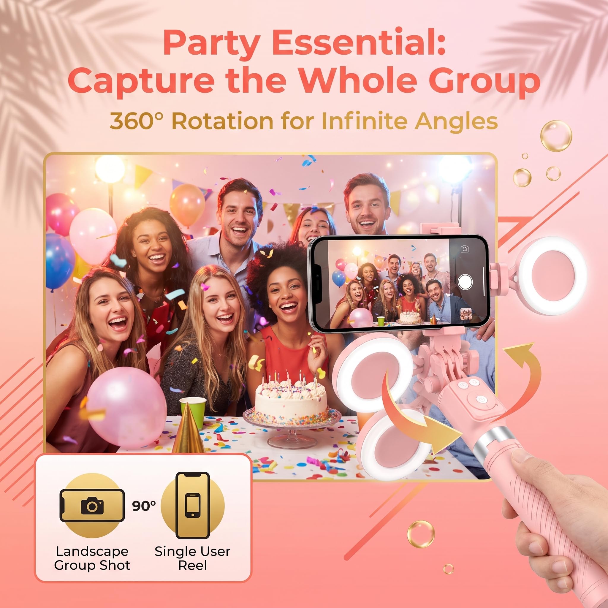 1.7m Palo Selfie Tripode con Luz, 360° Trípode para Movil Profesional con Mando Compatible con iPhone y Android, Selfie Stick inalámbrico para Vídeos TikTok Youtube, Rosa