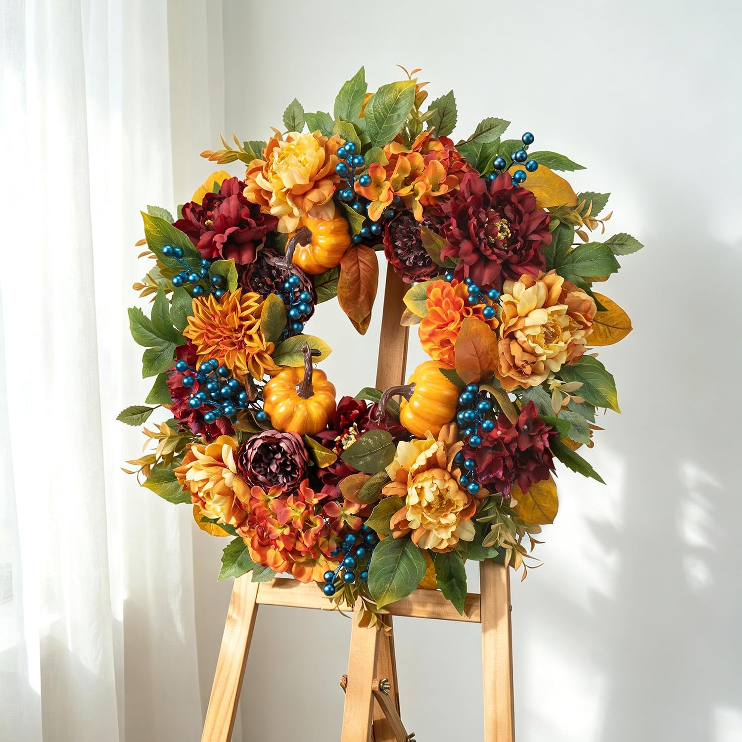 24 Inch Artificial Fall Wreaths for Front Door with Hydrangea Peony Pumpkin | Artificial Silk Autumn Wreath with Berry, Dahlia Indoor Outdoor Halloween Thanksgiving Porch Décor