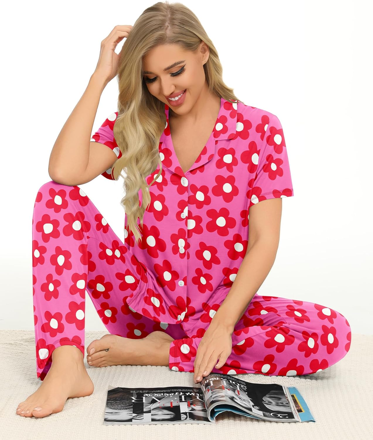SWOMOG Women Pajama Sets Two-Piece Nightwear Short Sleeve Sleepwear Button Down Pj Lounge Sets with Long Pants - Image 4