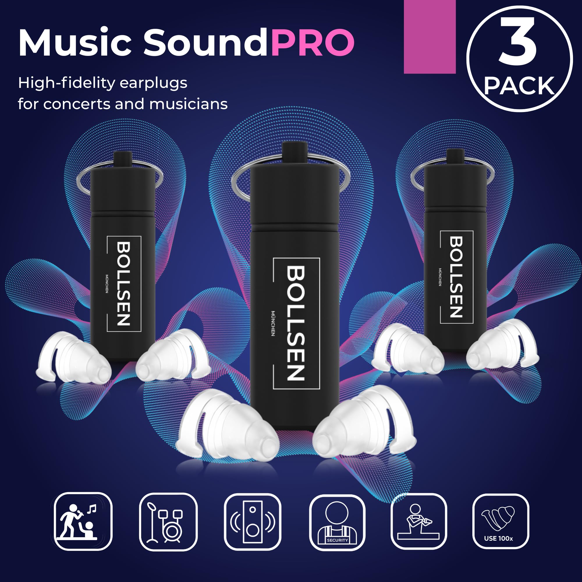 Bollsen Tapones para los oídos para conciertos, festivales y fiestas – Reducción de ruido 24 dB SNR & tapones de silicona reutilizables para melómanos, DJs y músicos – Cómodos y discretos (3)