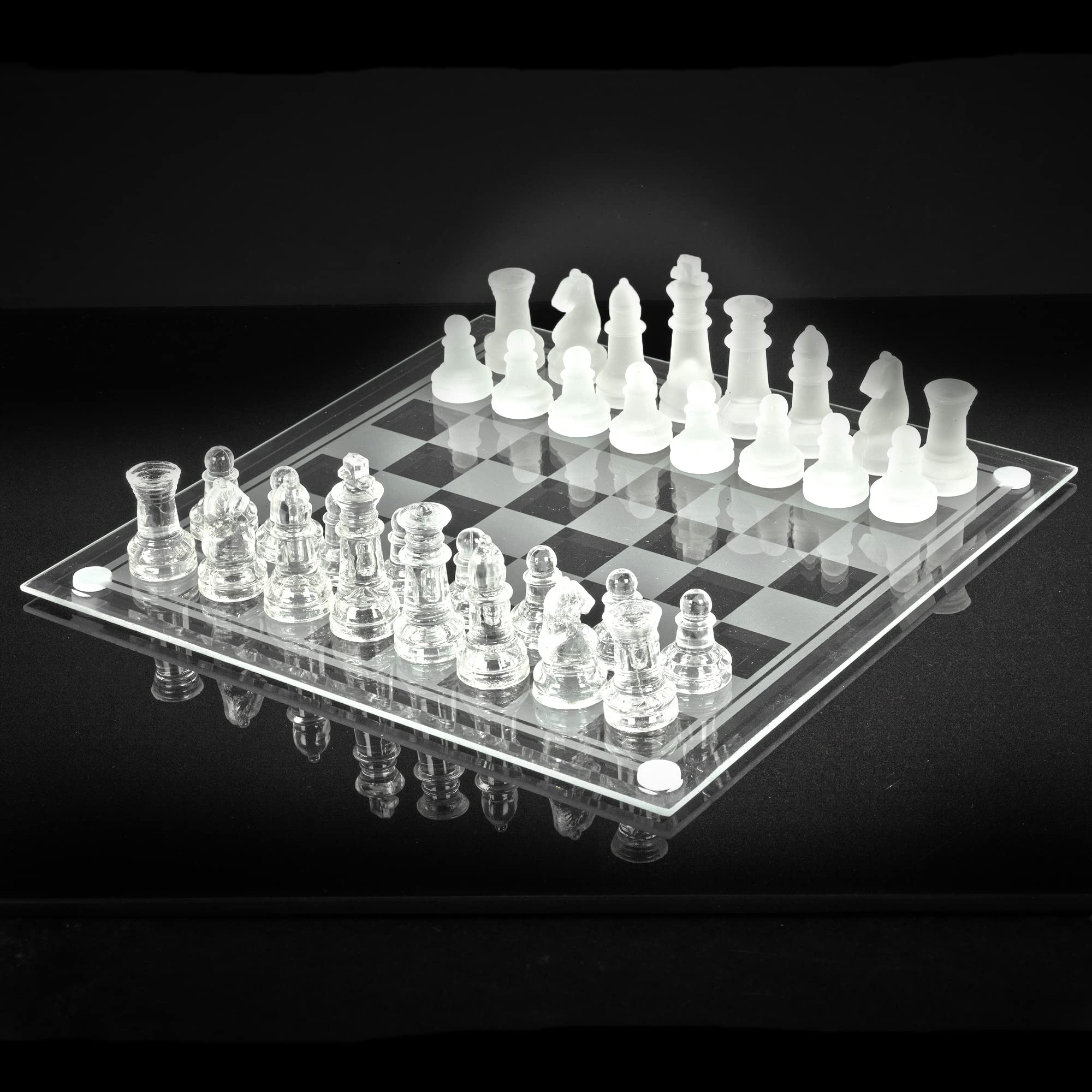 Large 25cm Traditional Chess Glass Board Game 32 Pieces Set Frosted & Clear Gift Boxed
