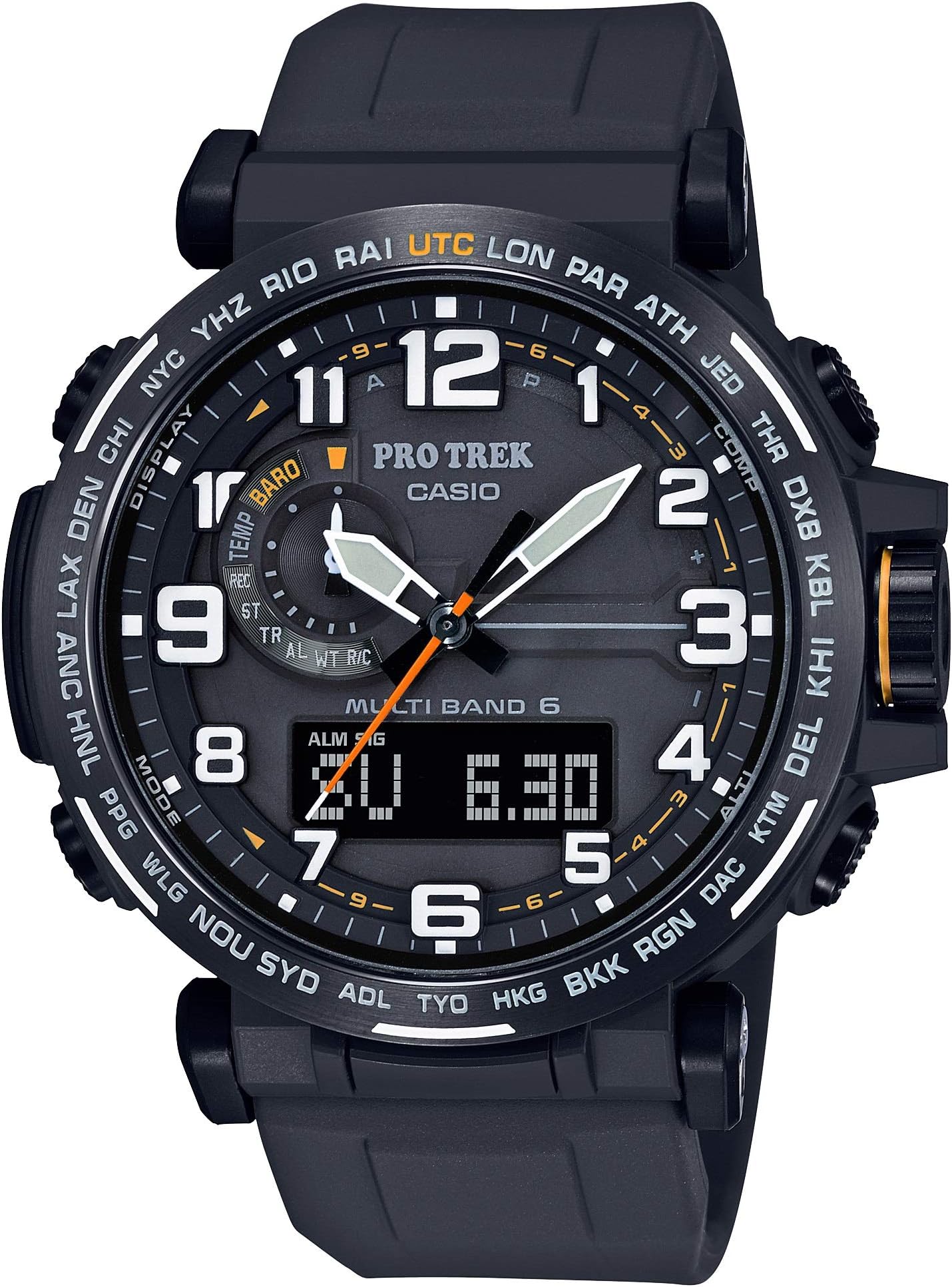 PRW6600Y Series | Pro Trek | 100M WR | Compass | Alt/Baro-Thermo | Tough Solar Power | Atomic Timekeeping | 1-100 SEC Stopwatch | Countdown Timer | World Time