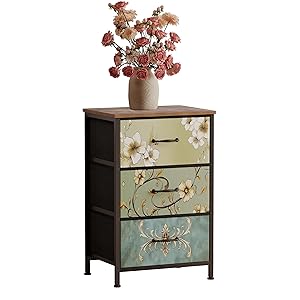 Cómoda de tela con cajones para dormitorio, pasillo, habitación de los niños, armarios, marco de acero, tablero de madera, asa fácil de tirar (marrón, 3 niveles)