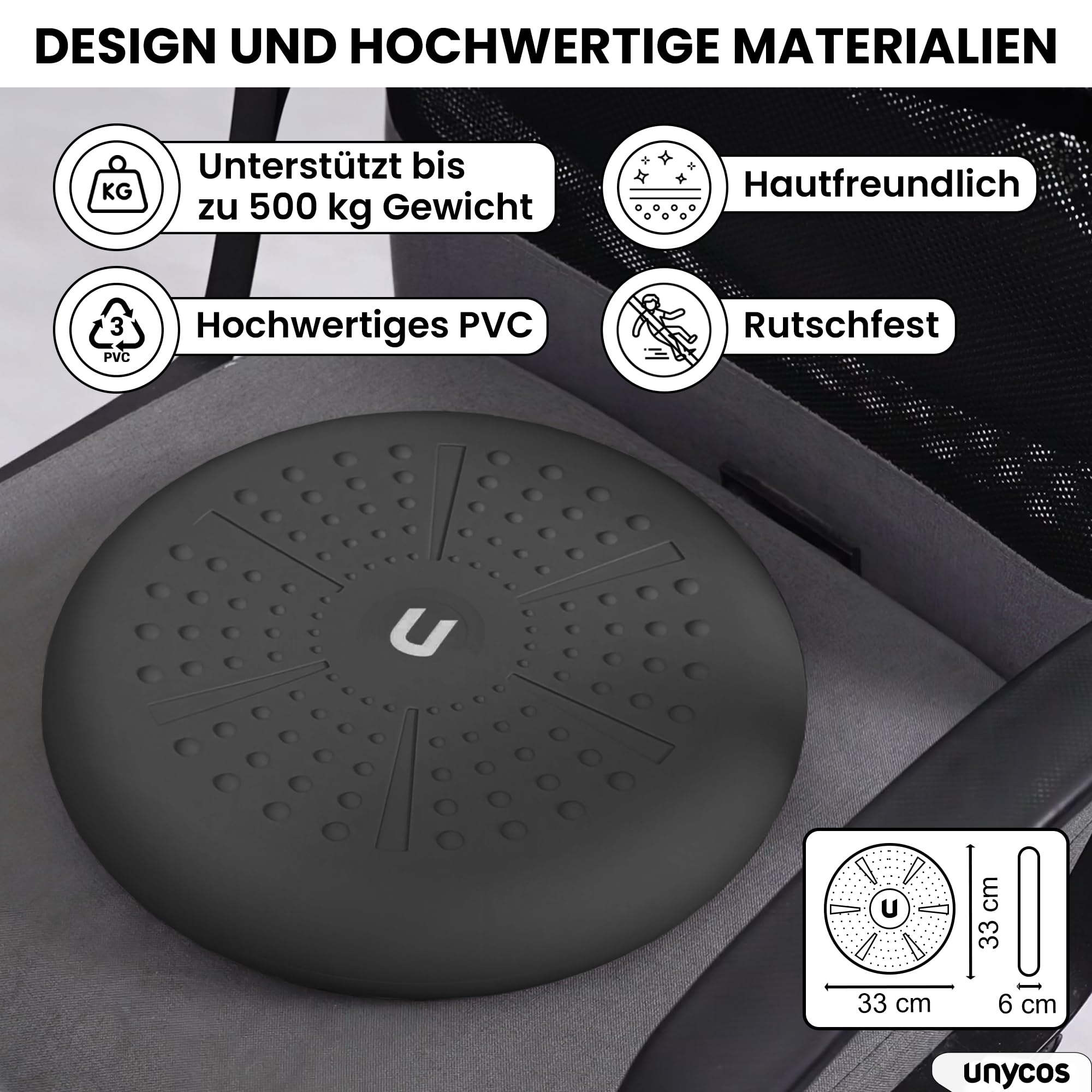 unycos - Ballsitzkissen Ø33 cm inklusive Pumpe, Noppenkissen, Luftkissen, Anti-Burst Sitzkissen, Balancekissen, Core, Rücken, Fitness Koordinations und Rückentraining (PureZen)