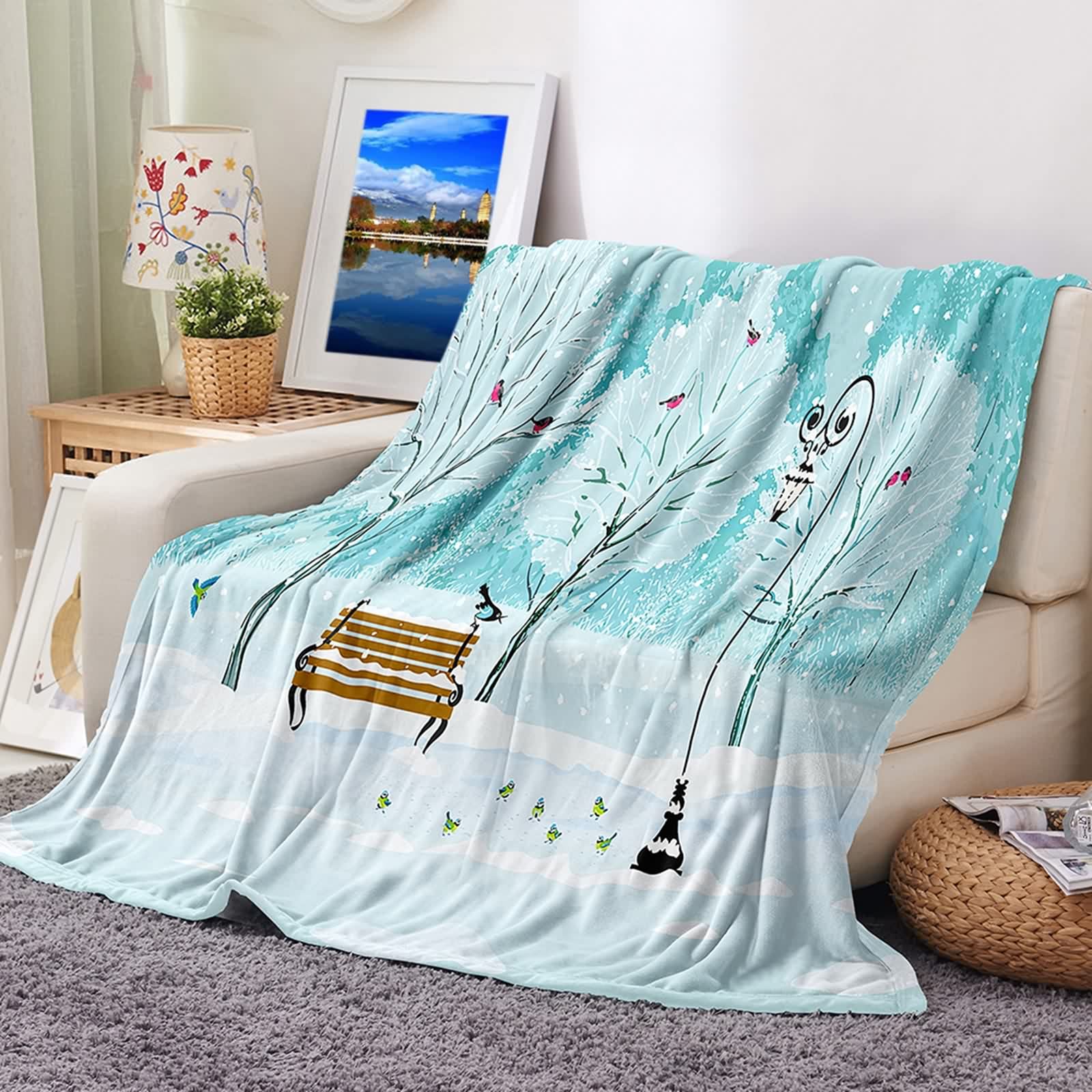 Couverture chaude hiver flannel 180x220cm lit canapé motif arbre oiseaux neige