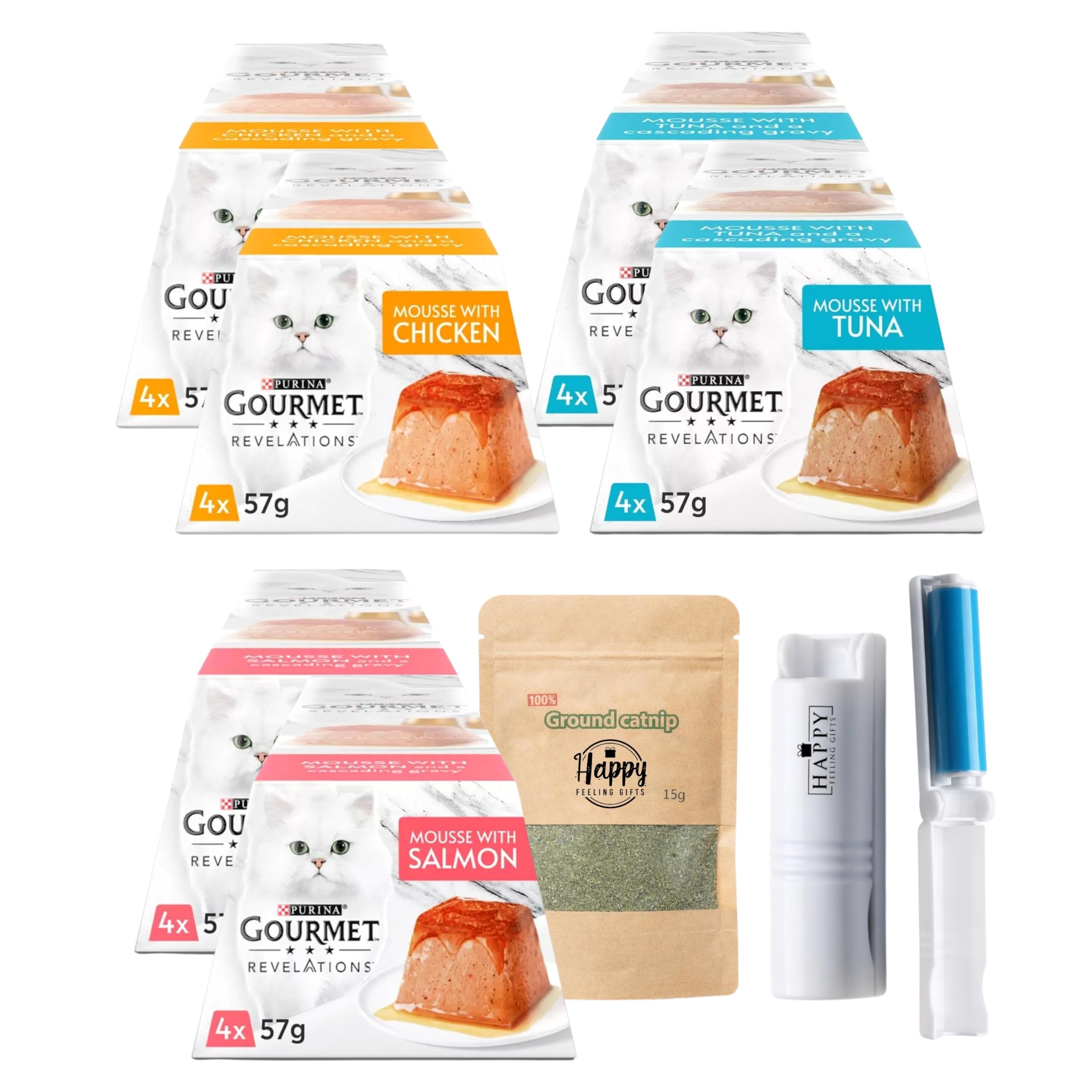Happy Feeling Gifts Cat Food Variety Pack - Created With 24 Gourmet Revelations Cat Food Mousse in Gravy for Adult Cats, Chicken, Tuna & Salmon - Plus Catnip & Lint Roller