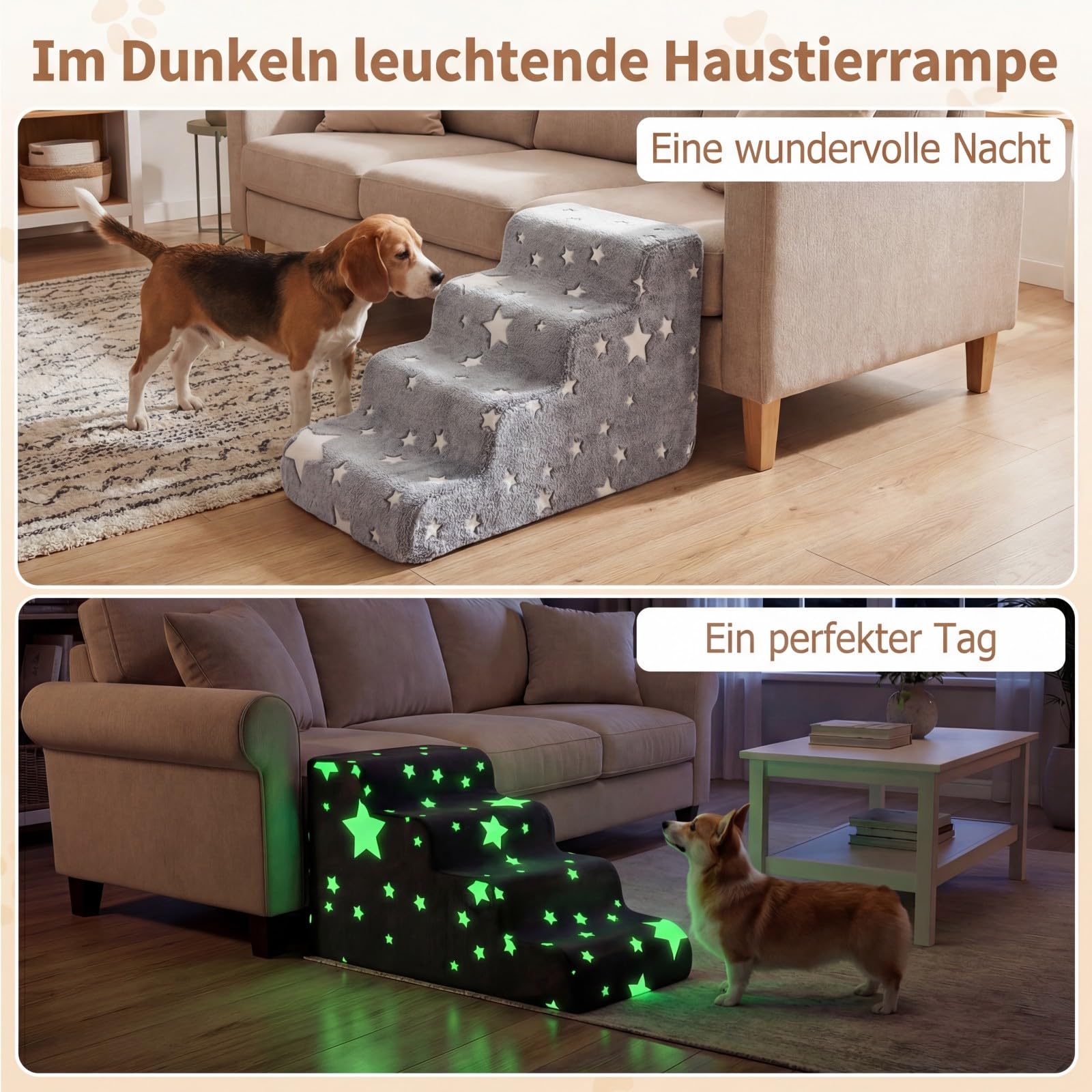 DREAMADE Hundetreppe 50 cm Hoch mit leuchtenden Mustern, Haustiertreppe aus hochdichtem Schaumstoff mit waschbarem Bezug, Katzentreppe mit Rutschfester Boden, für Couch, Sofa & Bett (4 stufig)