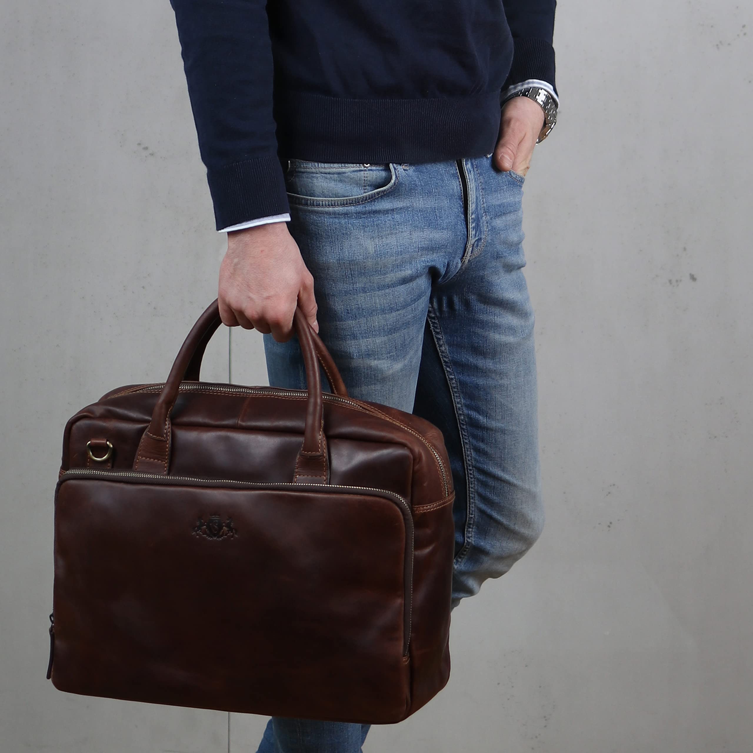 SID & VAIN Sac Ordinateur Portable Cuir véritable 15.4 Pouces Ryan Mallette Professionnelle bandoulière XXL Grand pour Hommes et Femmes Serviette de Travail Etudiante Marron