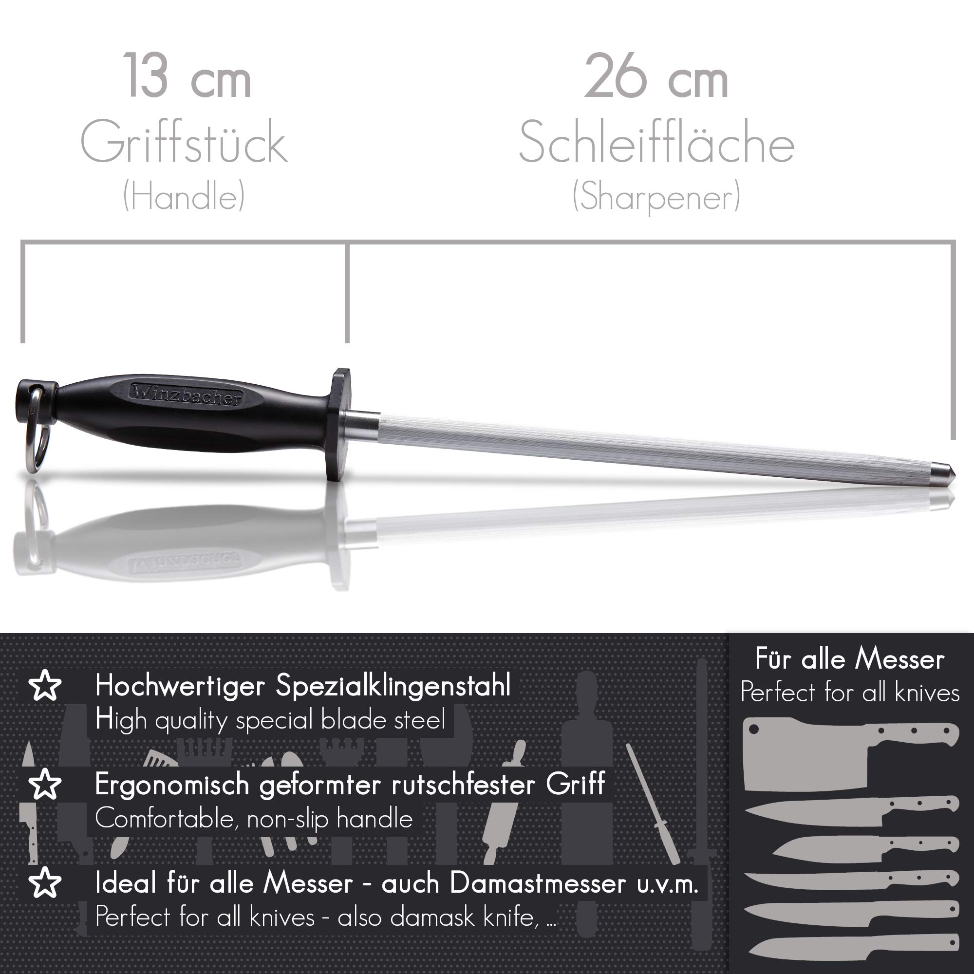 Winzbacher Afilador de cuchillos profesional de acero endurecido (39 cm), con mango ergonómico suave al tacto con protección para los dedos