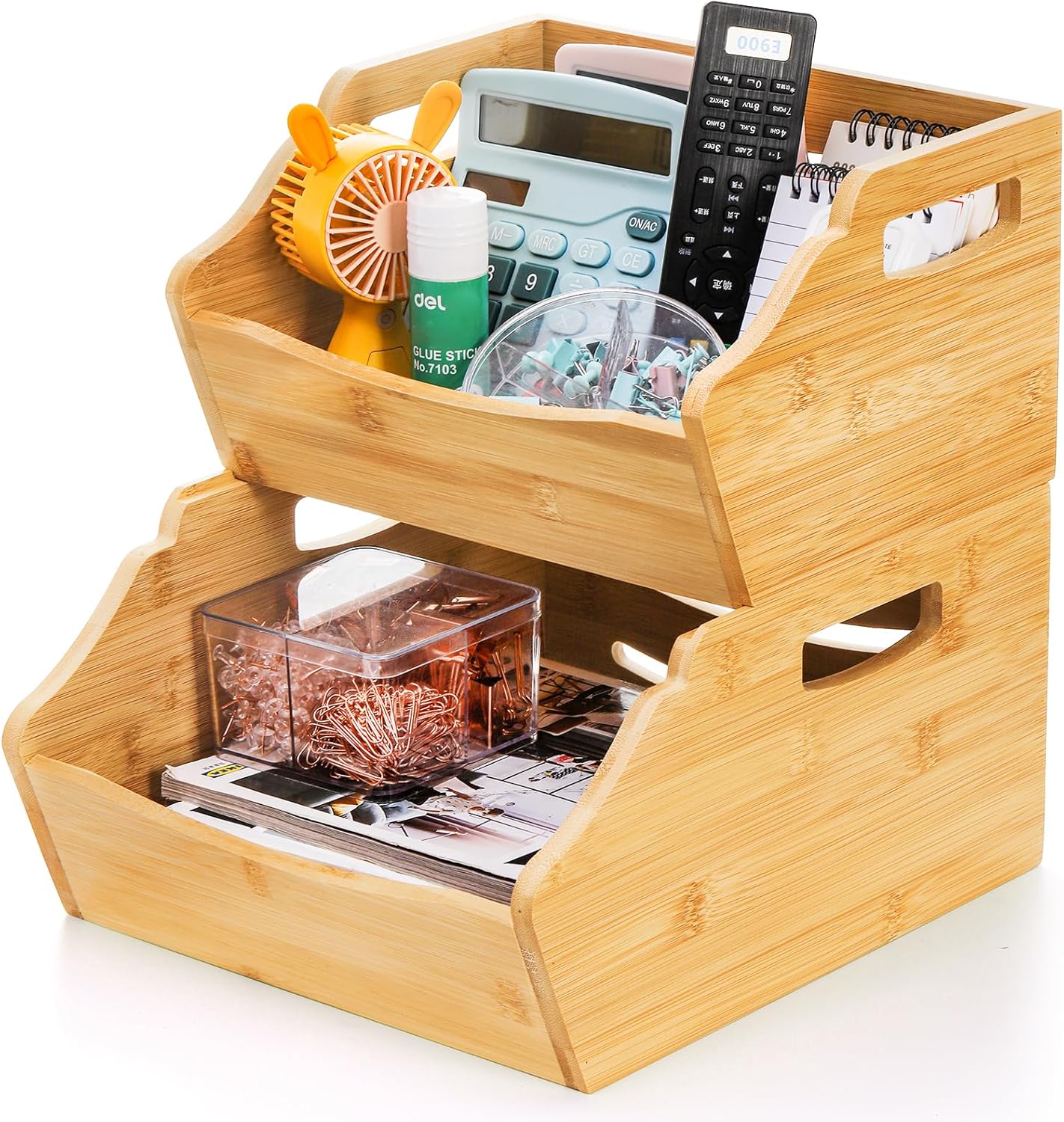 2 Pack Bamboo Stackable Storage Bin, Countertop Open Front Stacking Bins, 2 Tier Organize Basket Box with Handle, Food Fruit Container for Cabinet, Kitchen, Studio, Office