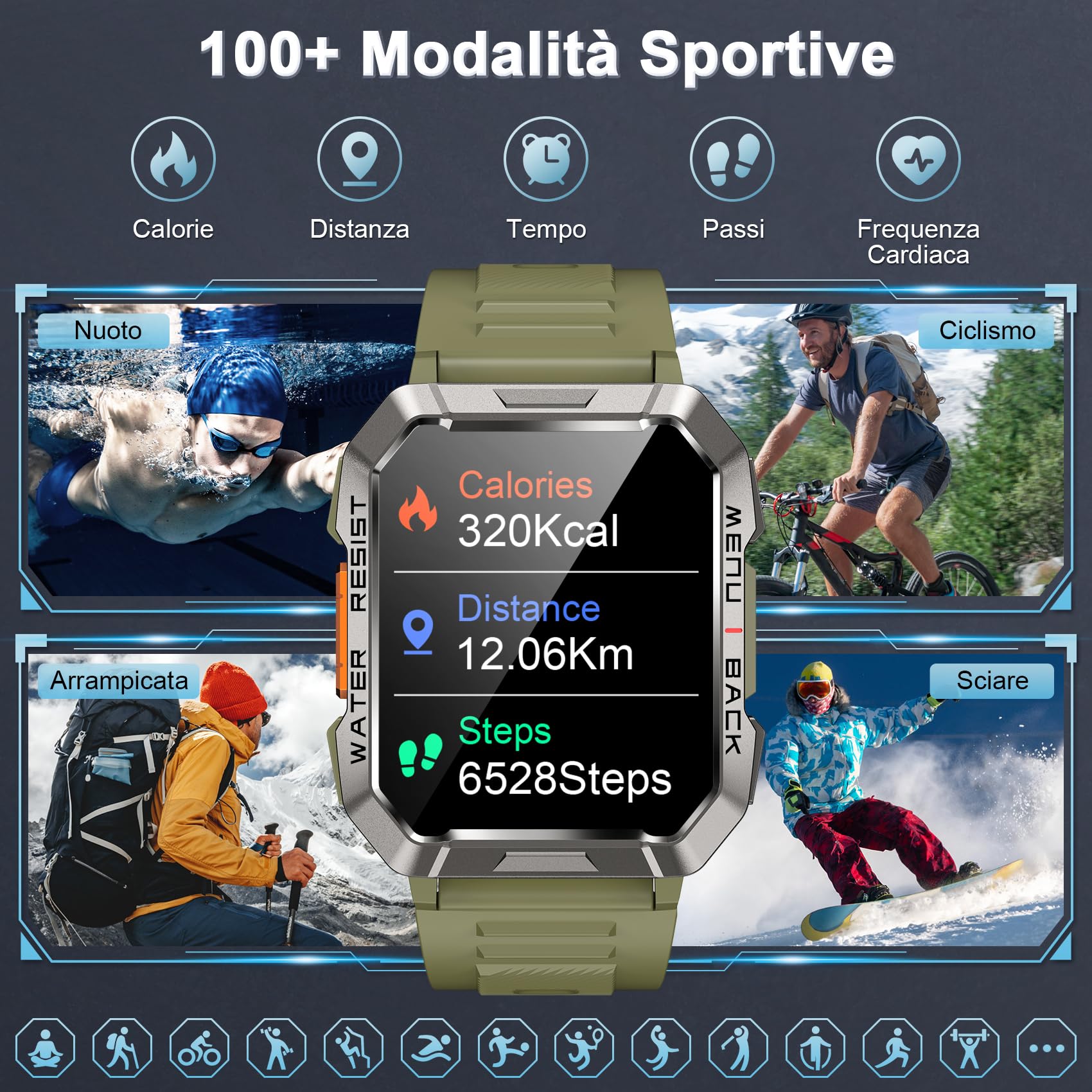Militare SmartWatch Uomo(Rispondi/Effettua Chiamate), Fitness Tracker con Torcia/Bussola/900mAh Batteria /24H Cardiofrequenzimetro/Sonno/ SpO2/100+ Modalità Sport per Android IOS (2 Cinturini)