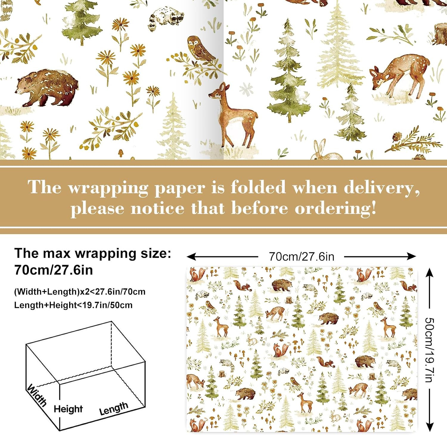JarThenaAMCS 8 Sheets Woodland Wrapping Paper -Not Roll- Forest Animal Gift Wrap Paper Folded Flat for Birthday Baby Shower DIY Craft Packaging Supplies, 19.7 x 27.6 Inch image 2