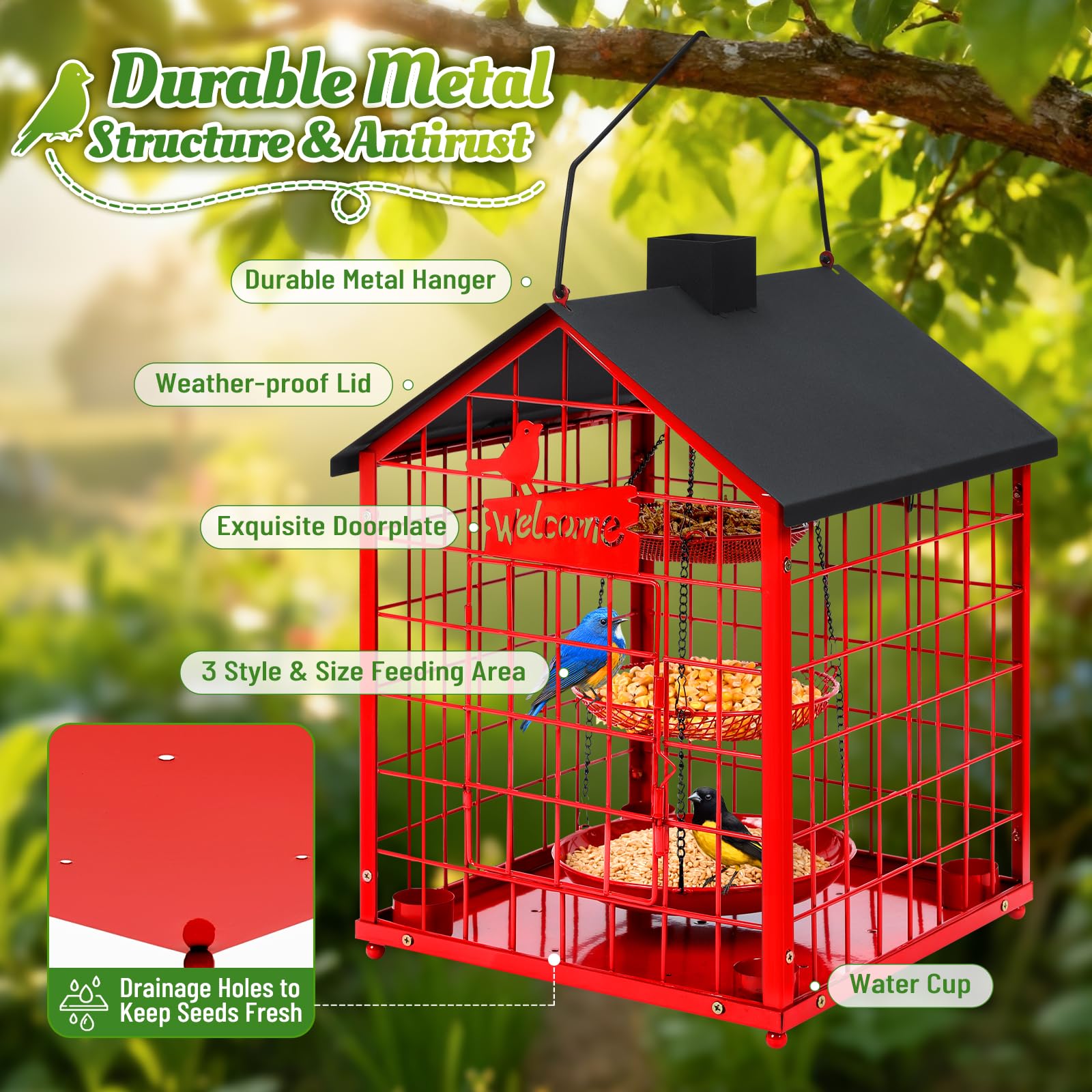 Mangeoires à oiseaux pour l'extérieur, mangeoire à oiseaux bleus en métal, énorme mangeoire à oiseaux en cage résistante aux écureuils avec 4 tasses, mangeoires à oiseaux sauvages à suspendre à
